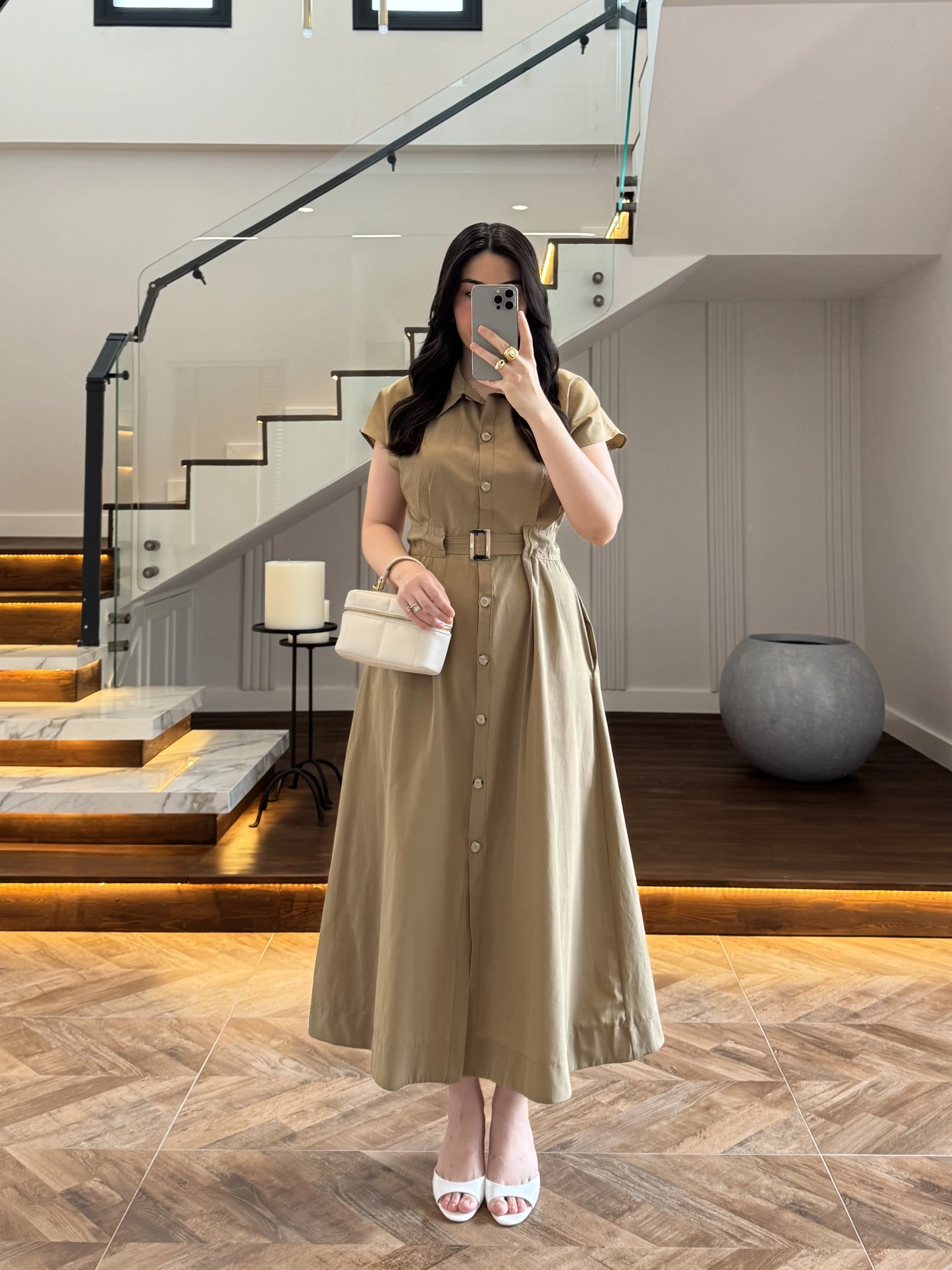 HAKİ ÖNÜ DÜĞMELİ KEMERLİ ELBİSE -3976