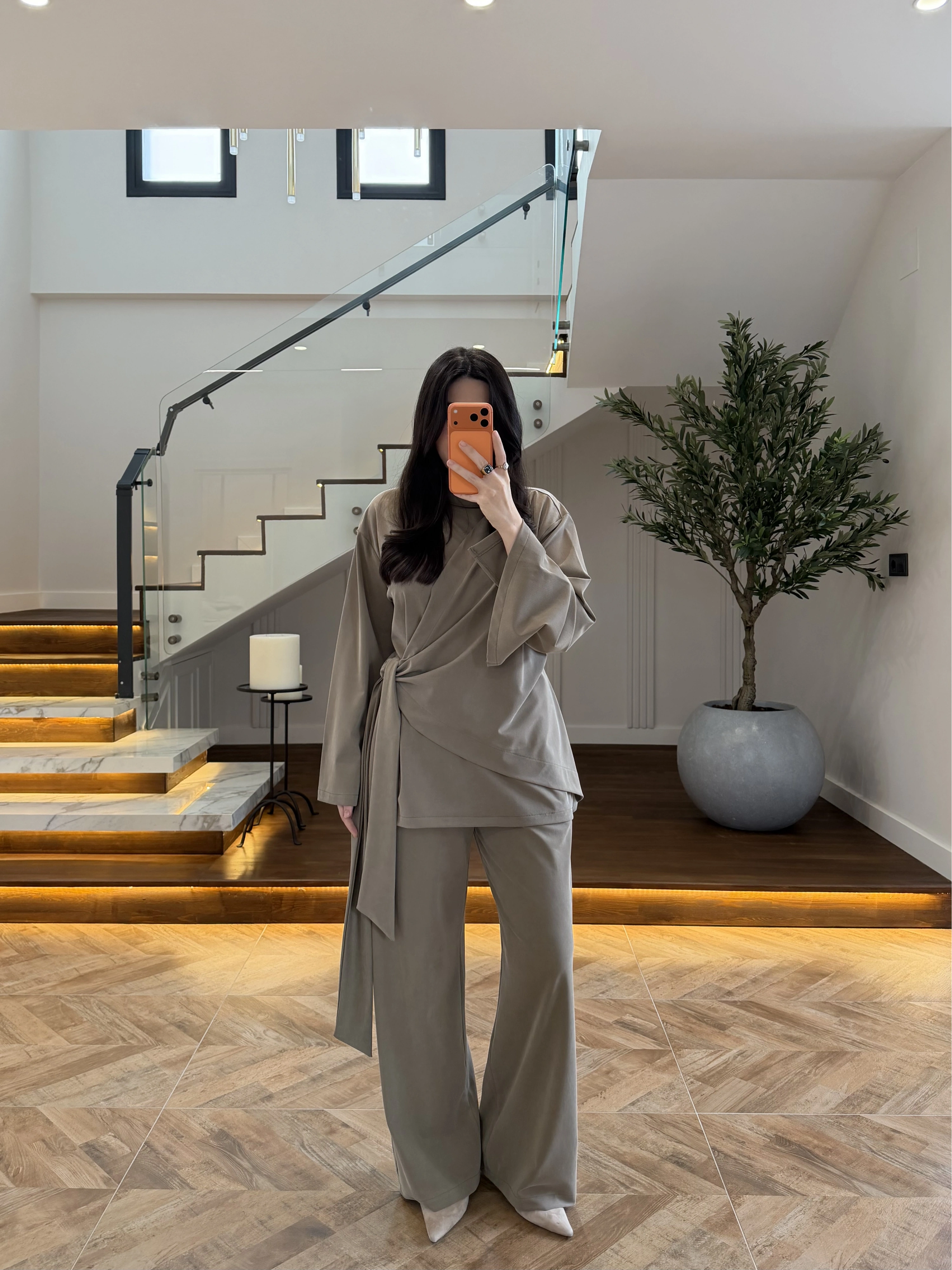 HAKİ PARÇALI TASARIM BLUZ PANT TAKIM-9257