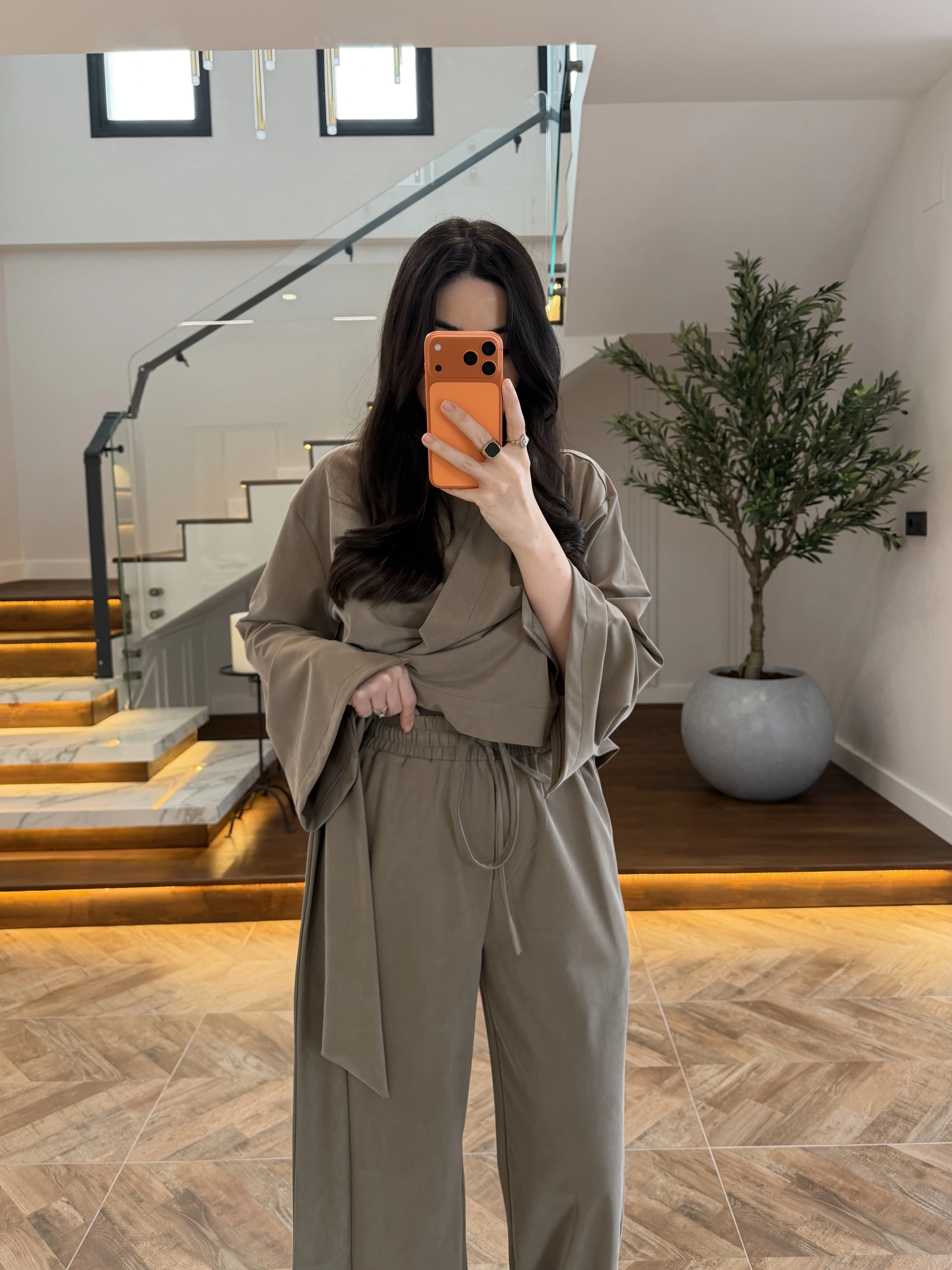 HAKİ PARÇALI TASARIM BLUZ PANT TAKIM-9257