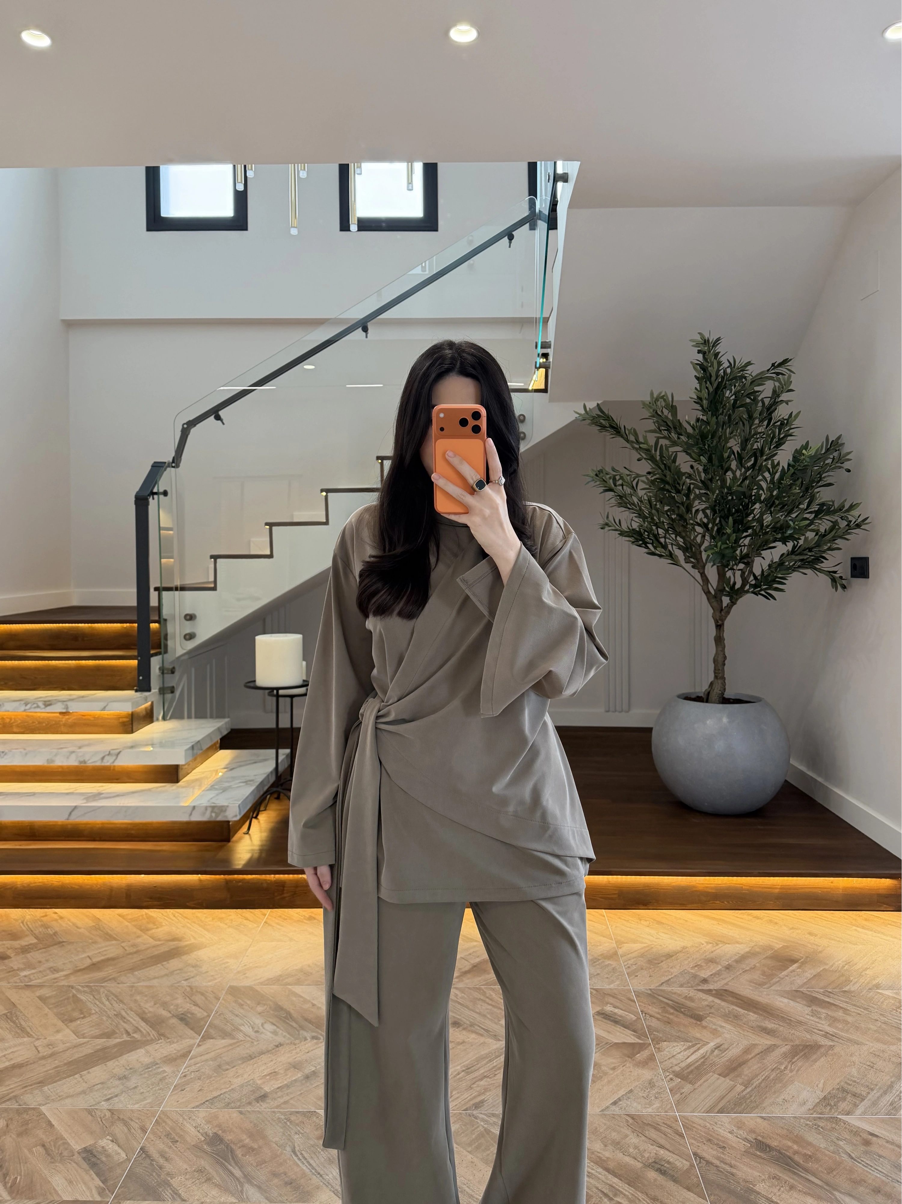 HAKİ PARÇALI TASARIM BLUZ PANT TAKIM-9257
