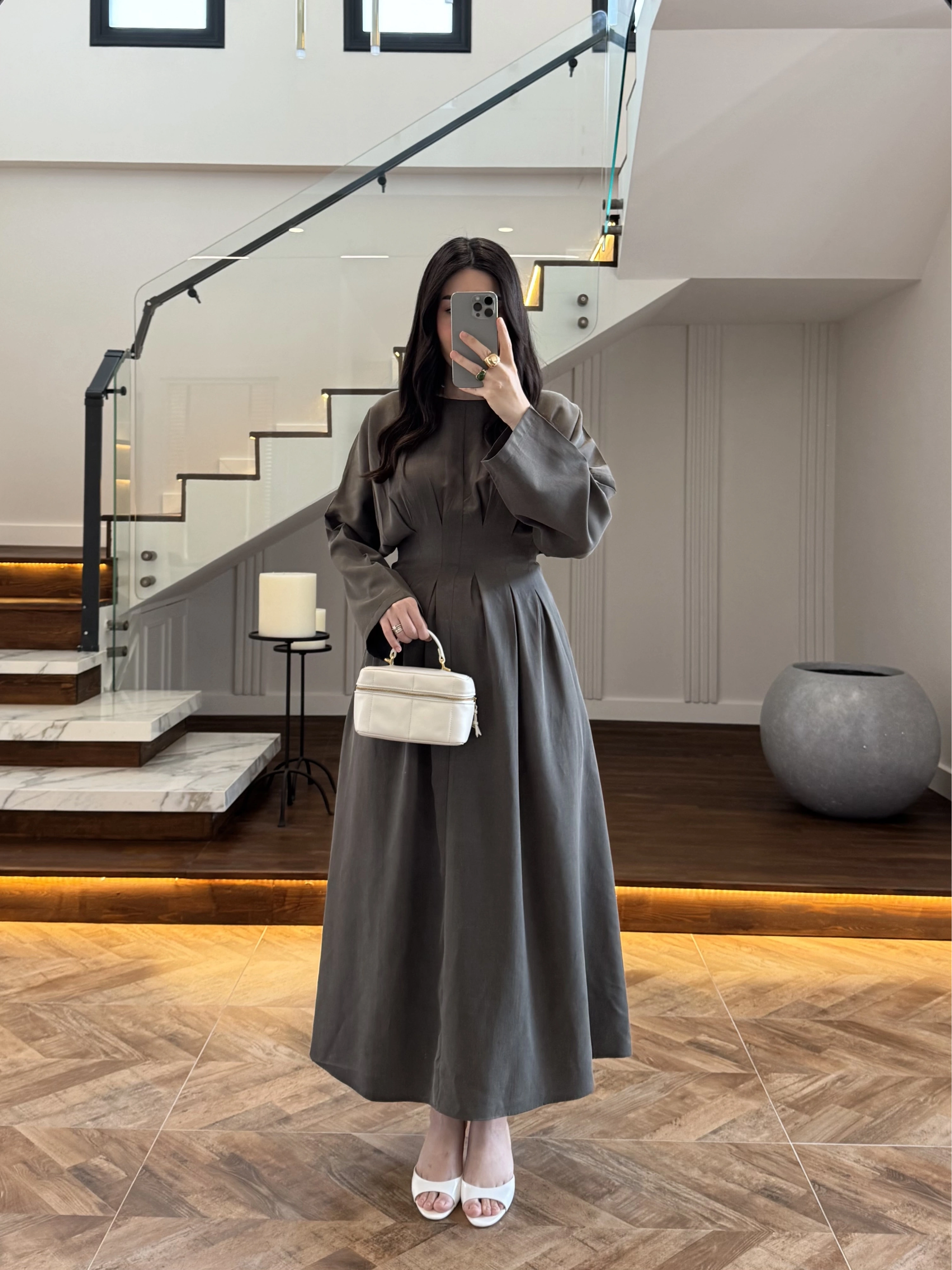 HAKİ PİLE DETAY ELBİSE -2399