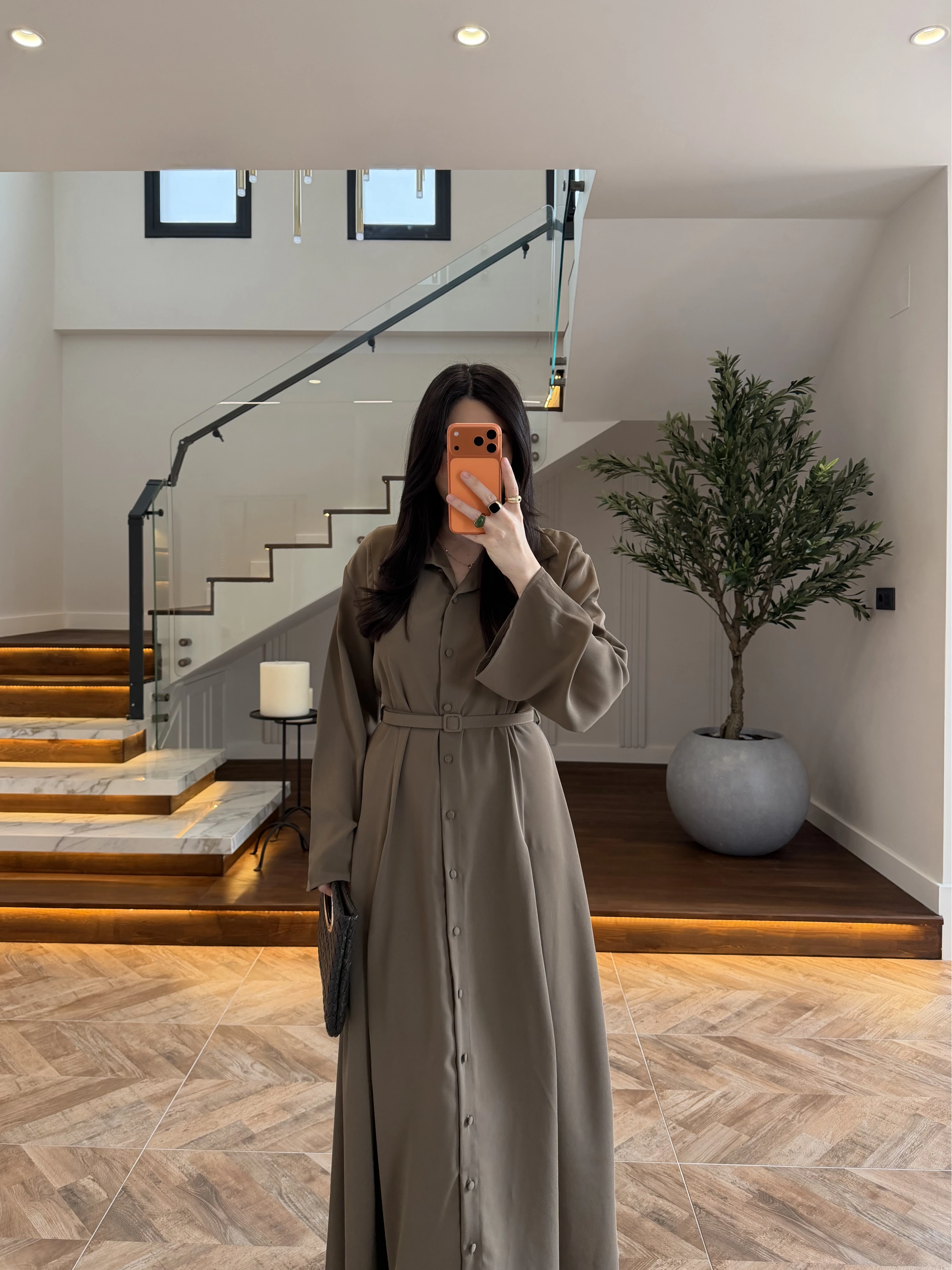 HAKİ PİLE DETAYLI KEMERLİ ELBİSE -2416