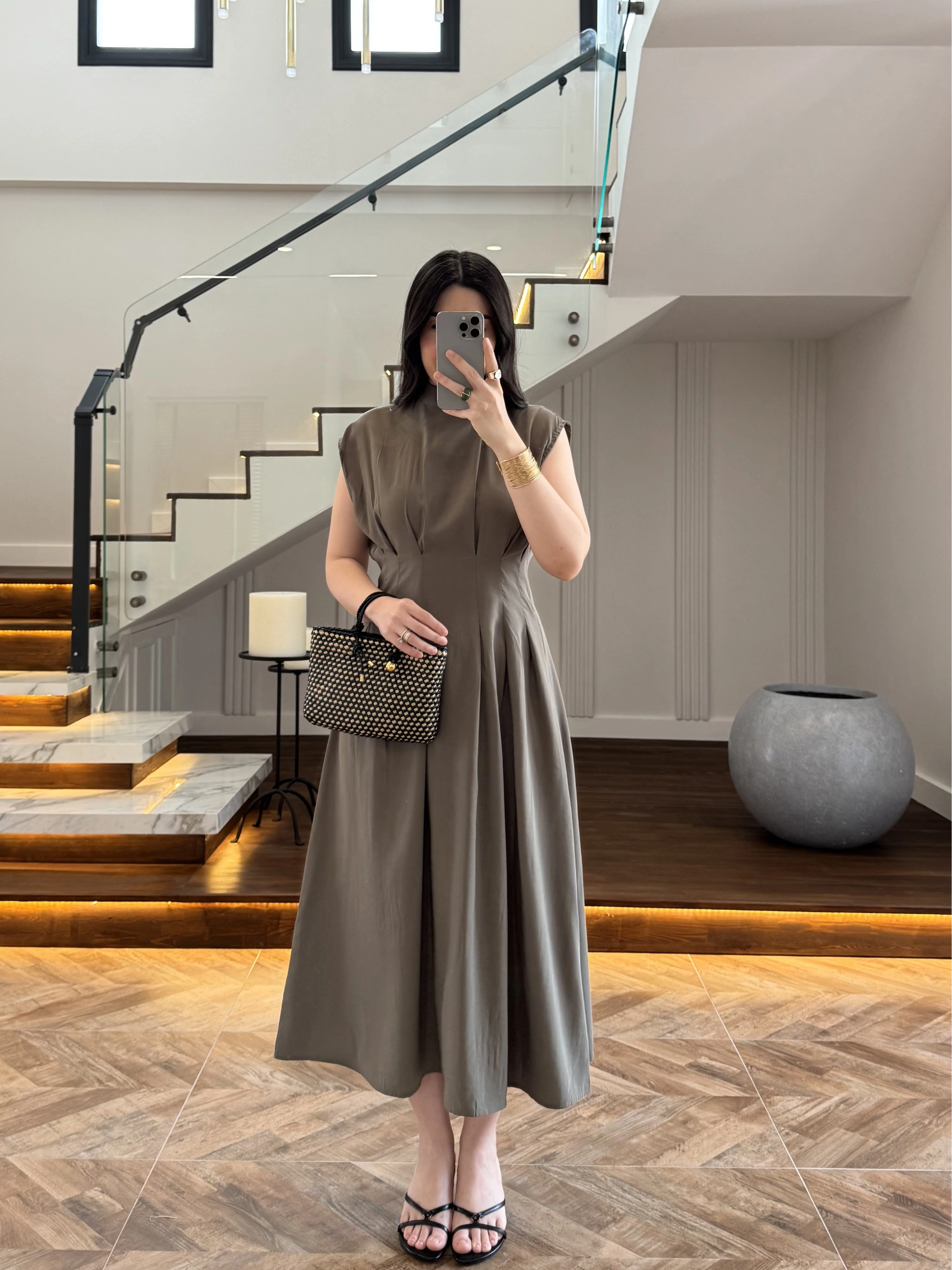 HAKİ TENSEL KUŞAKLI PENSLİ ELBİSE-260987