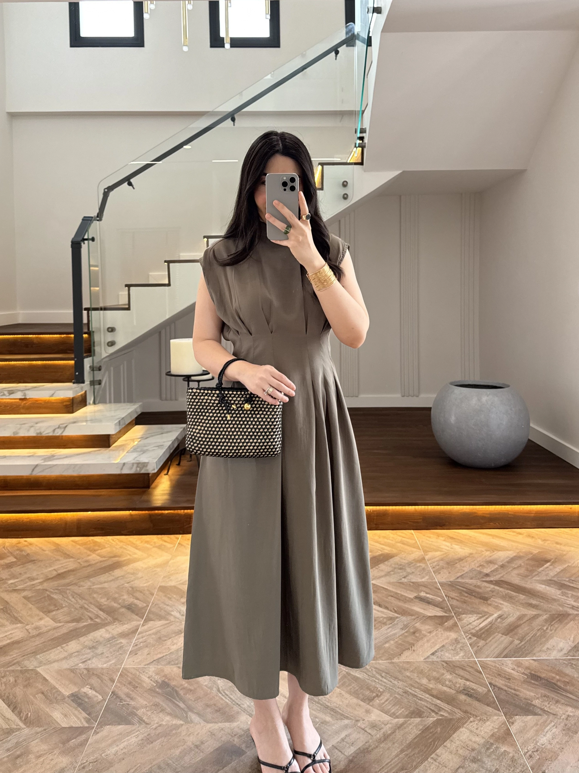 HAKİ TENSEL KUŞAKLI PENSLİ ELBİSE-260987