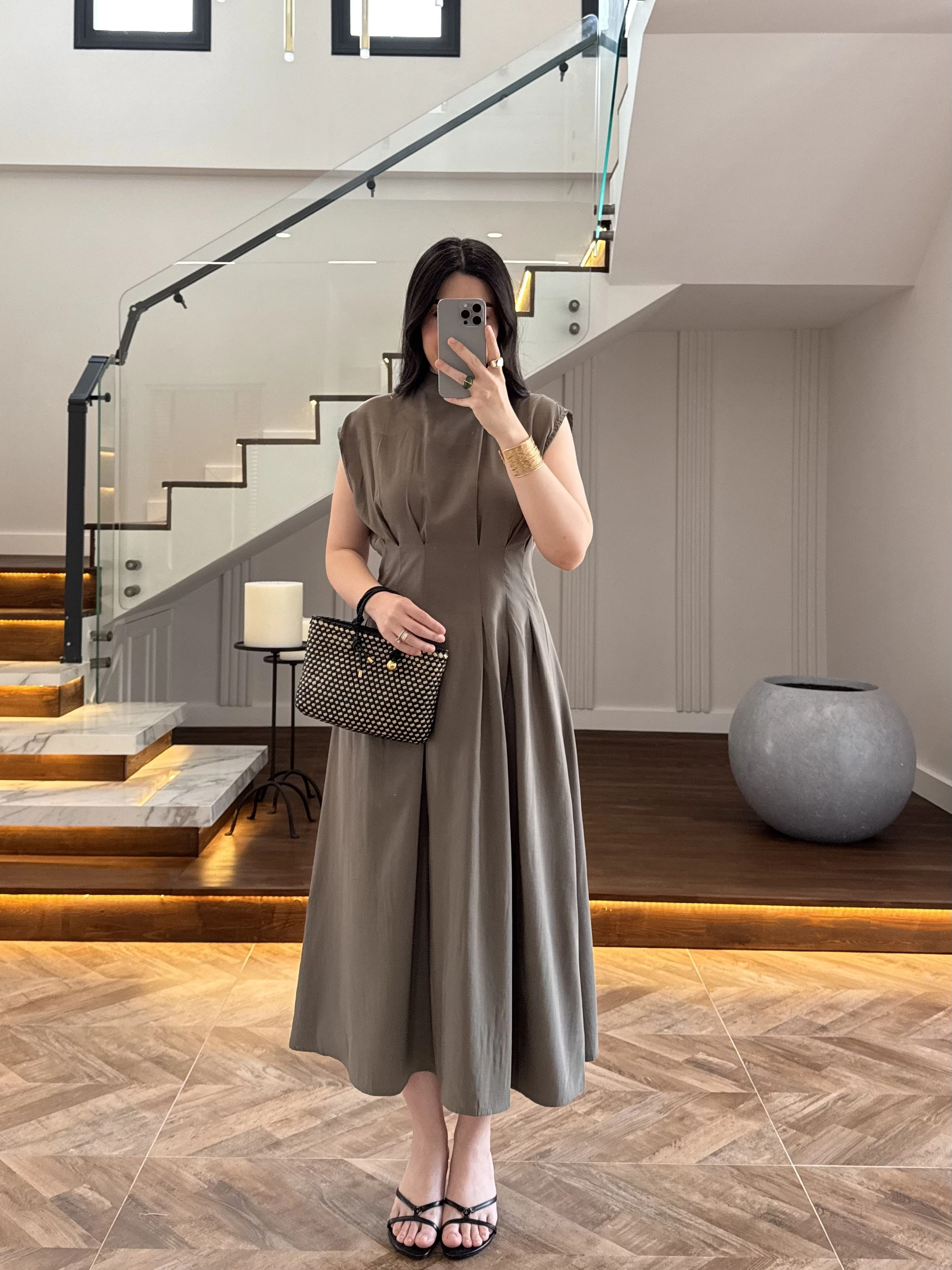 HAKİ TENSEL KUŞAKLI PENSLİ ELBİSE-260987