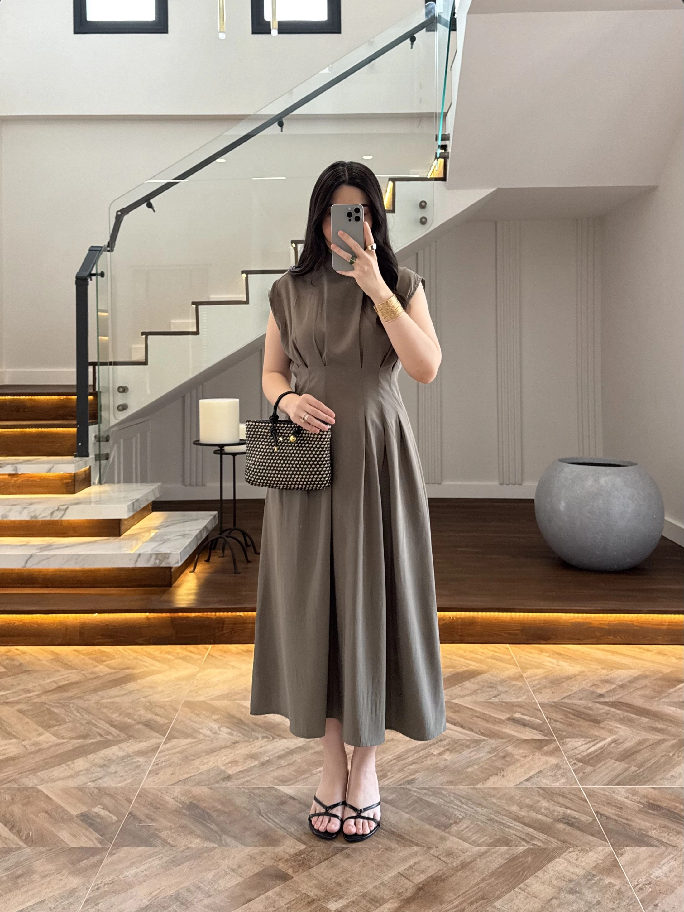 HAKİ TENSEL KUŞAKLI PENSLİ ELBİSE-260987