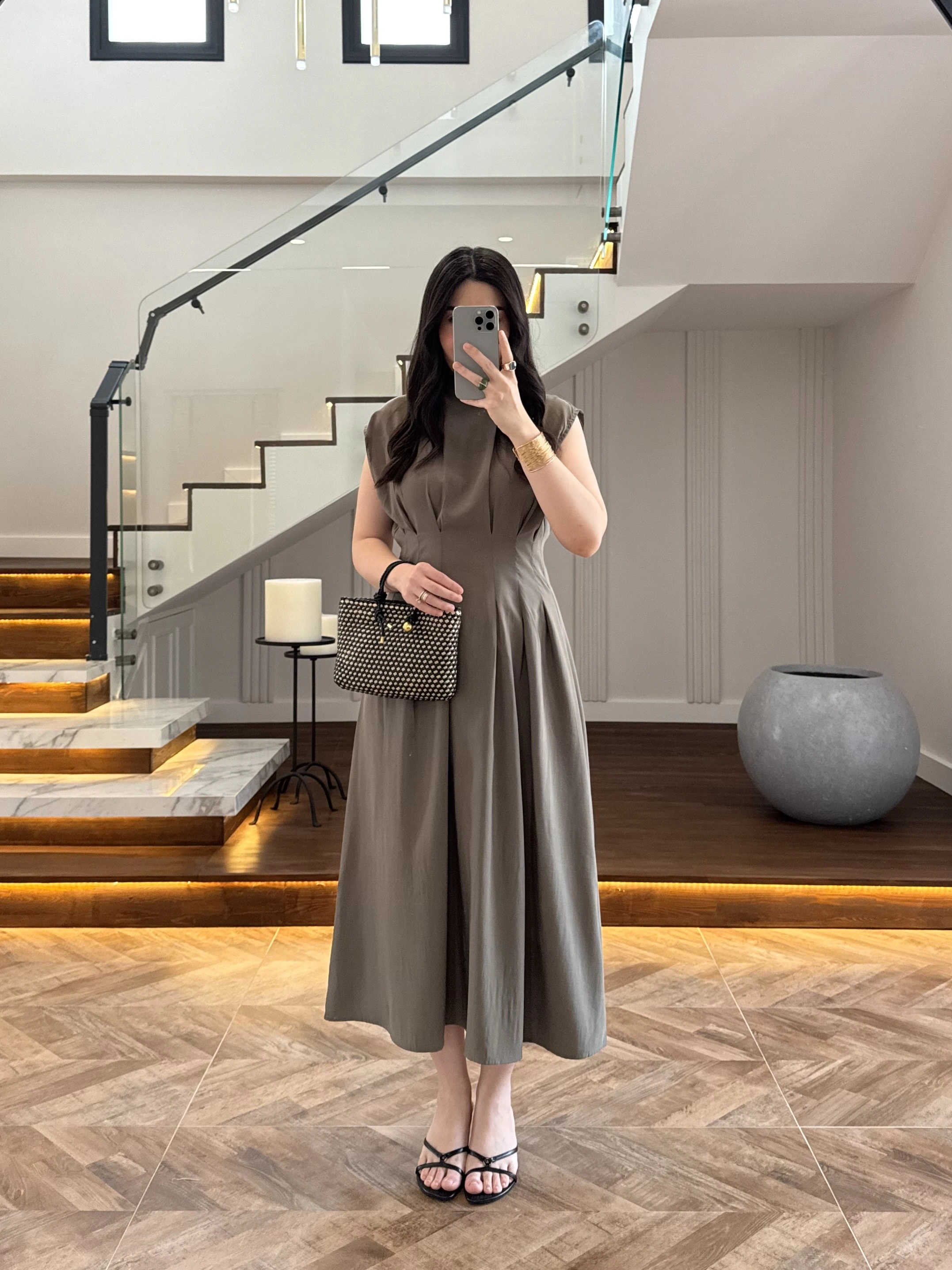 HAKİ TENSEL KUŞAKLI PENSLİ ELBİSE-260987