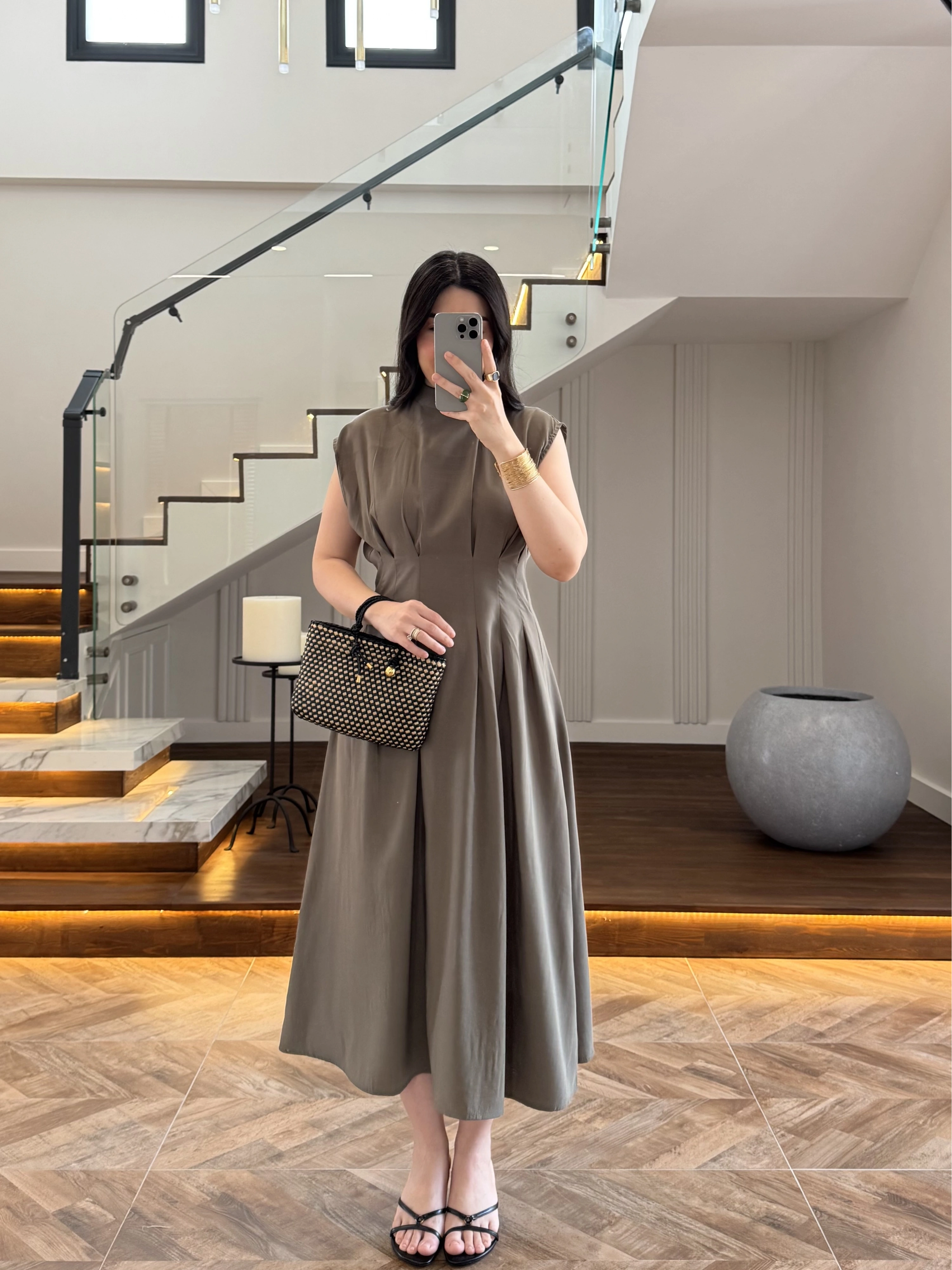 HAKİ TENSEL KUŞAKLI PENSLİ ELBİSE-260987