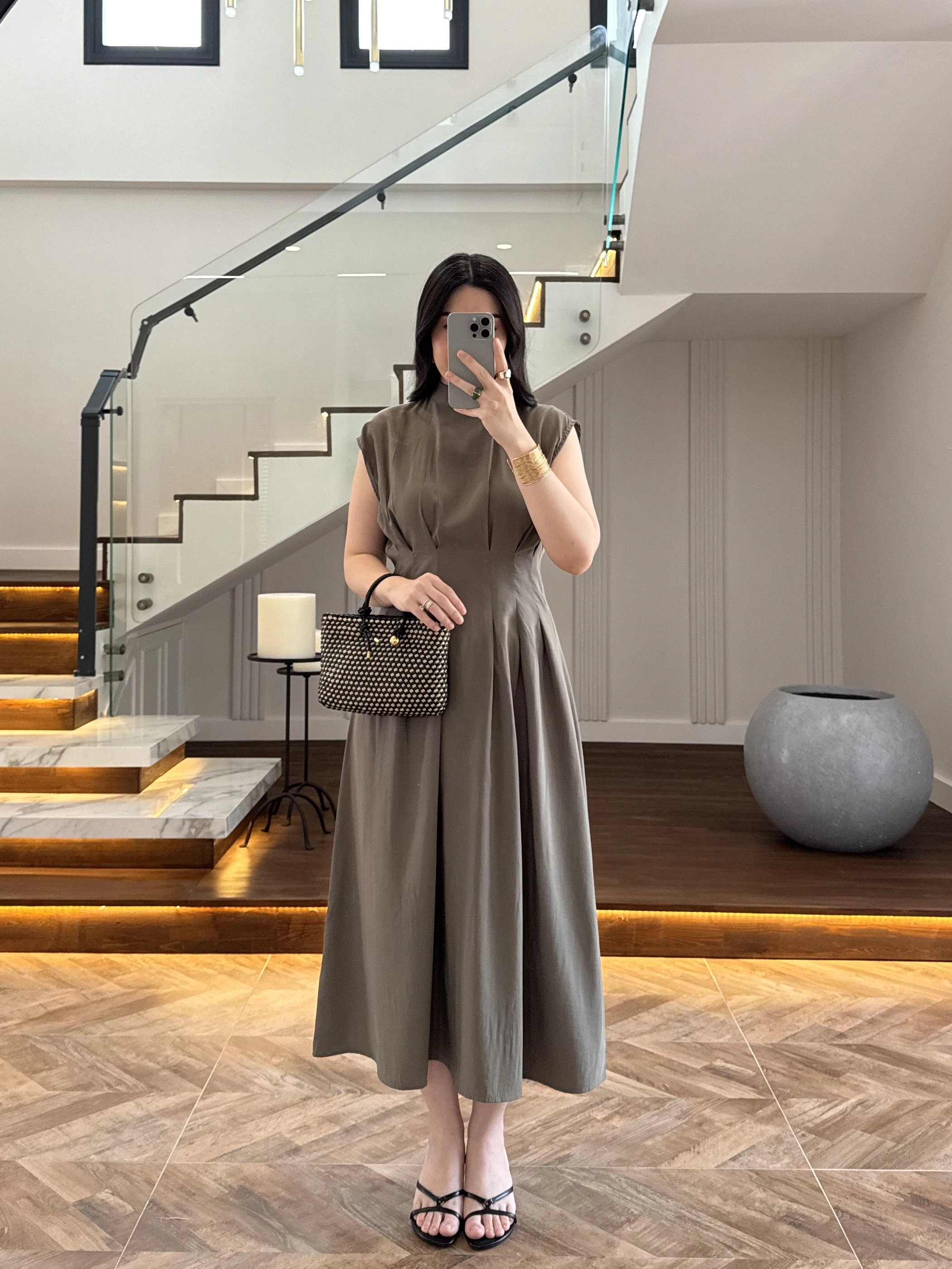 HAKİ TENSEL KUŞAKLI PENSLİ ELBİSE-260987
