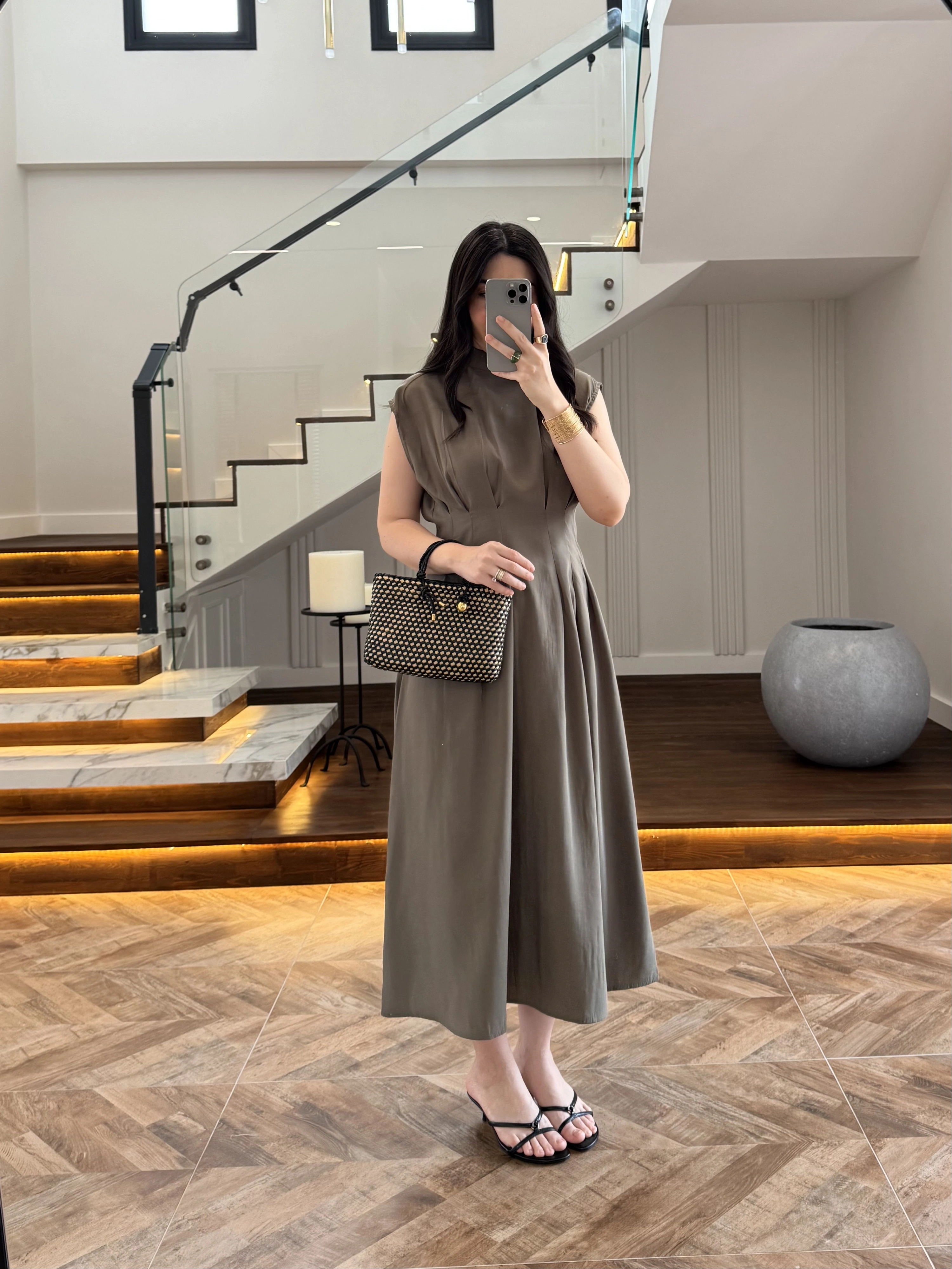 HAKİ TENSEL KUŞAKLI PENSLİ ELBİSE-260987