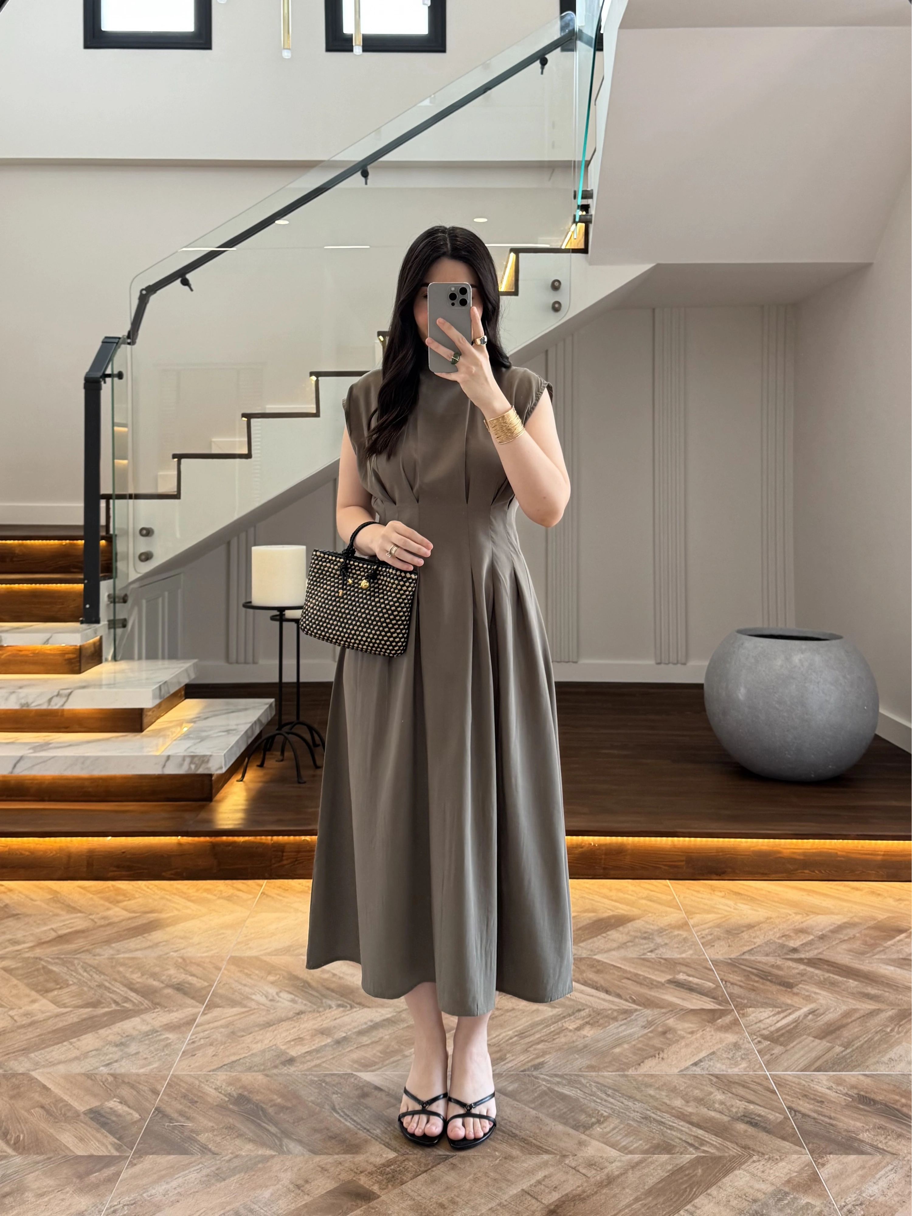 HAKİ TENSEL KUŞAKLI PENSLİ ELBİSE-260987