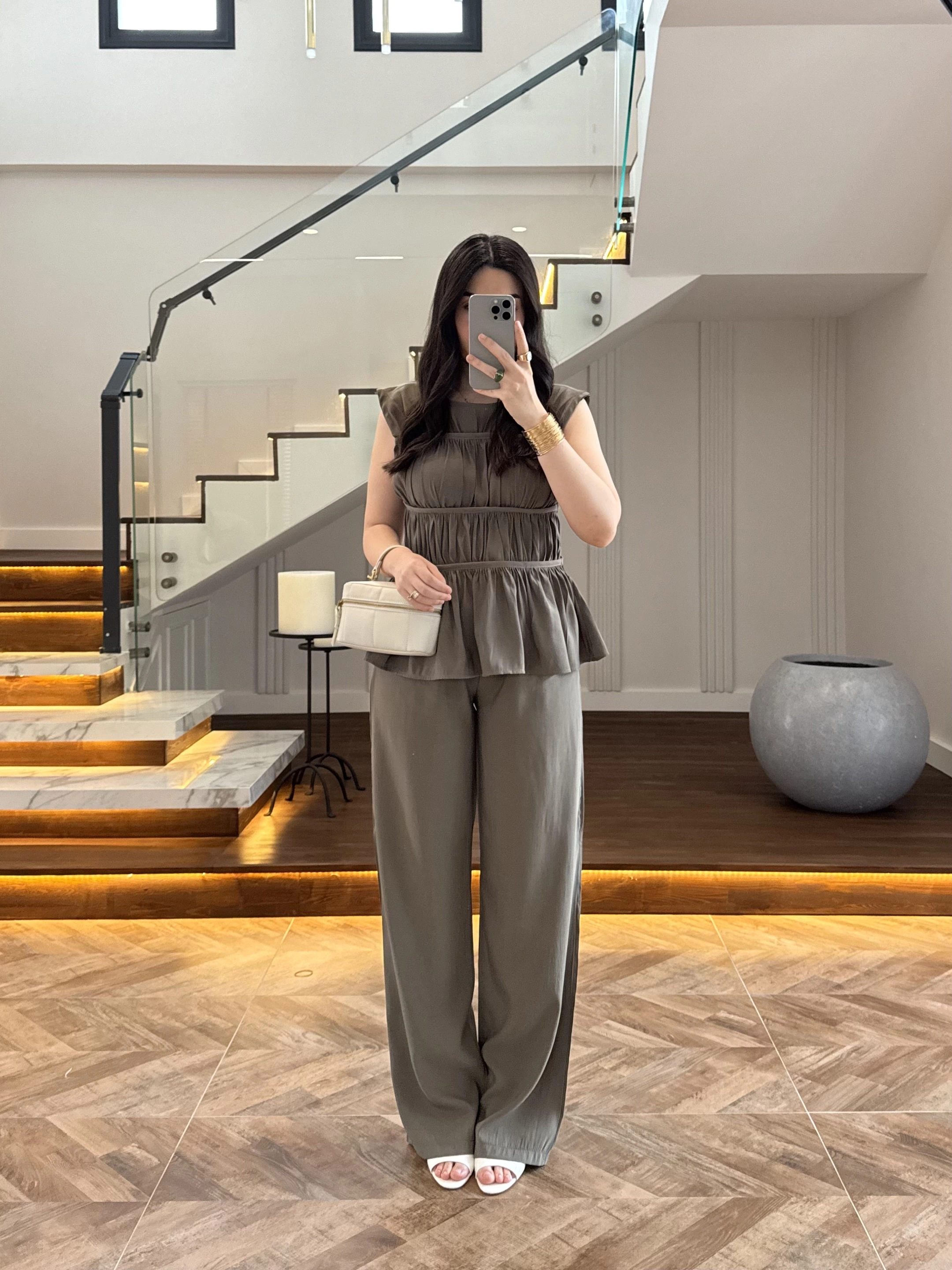 HAKİ TENSEL NEVÜRLÜ BLUZ PANTOLON TAKIM-250483