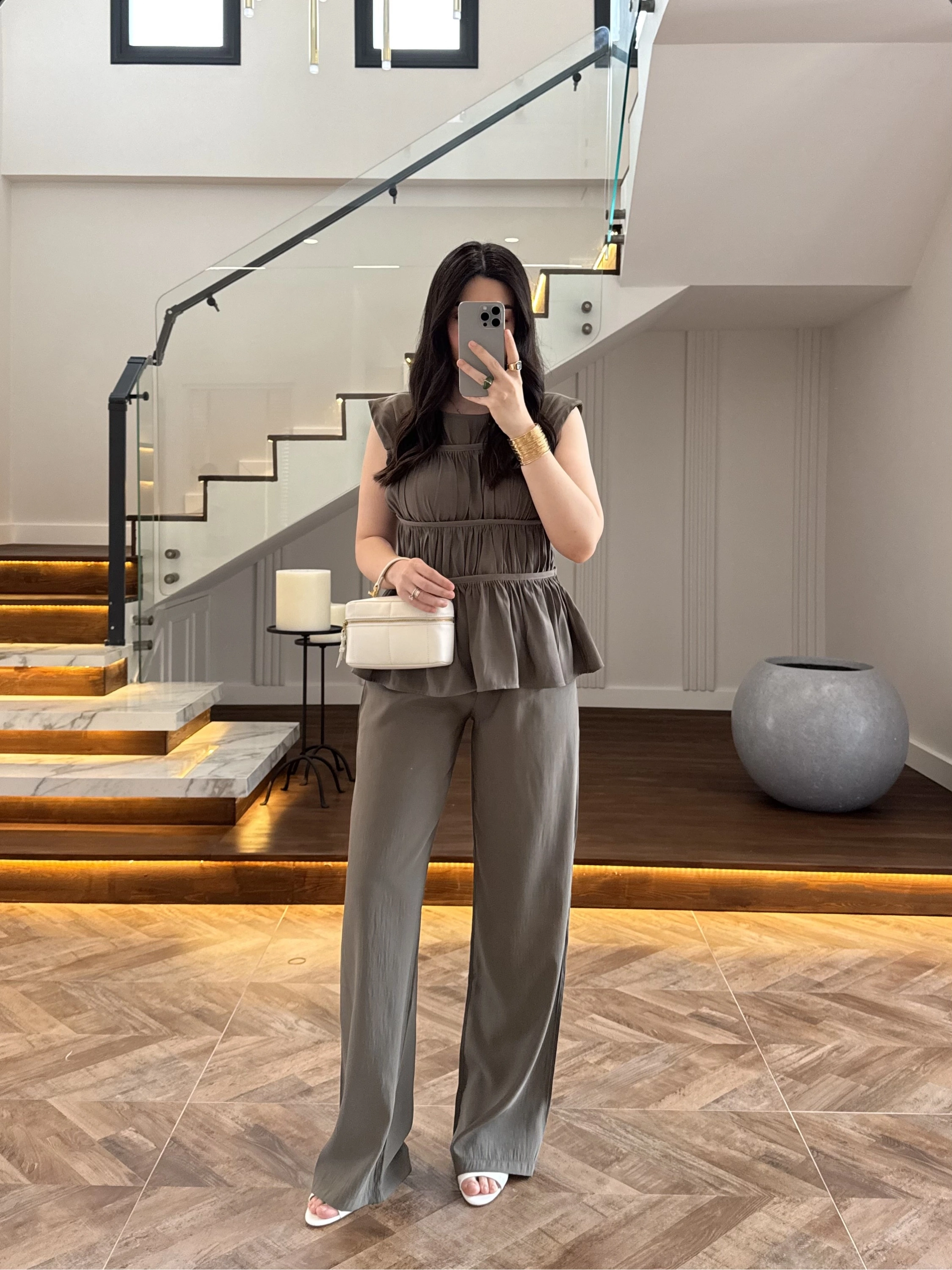 HAKİ TENSEL NEVÜRLÜ BLUZ PANTOLON TAKIM-250483