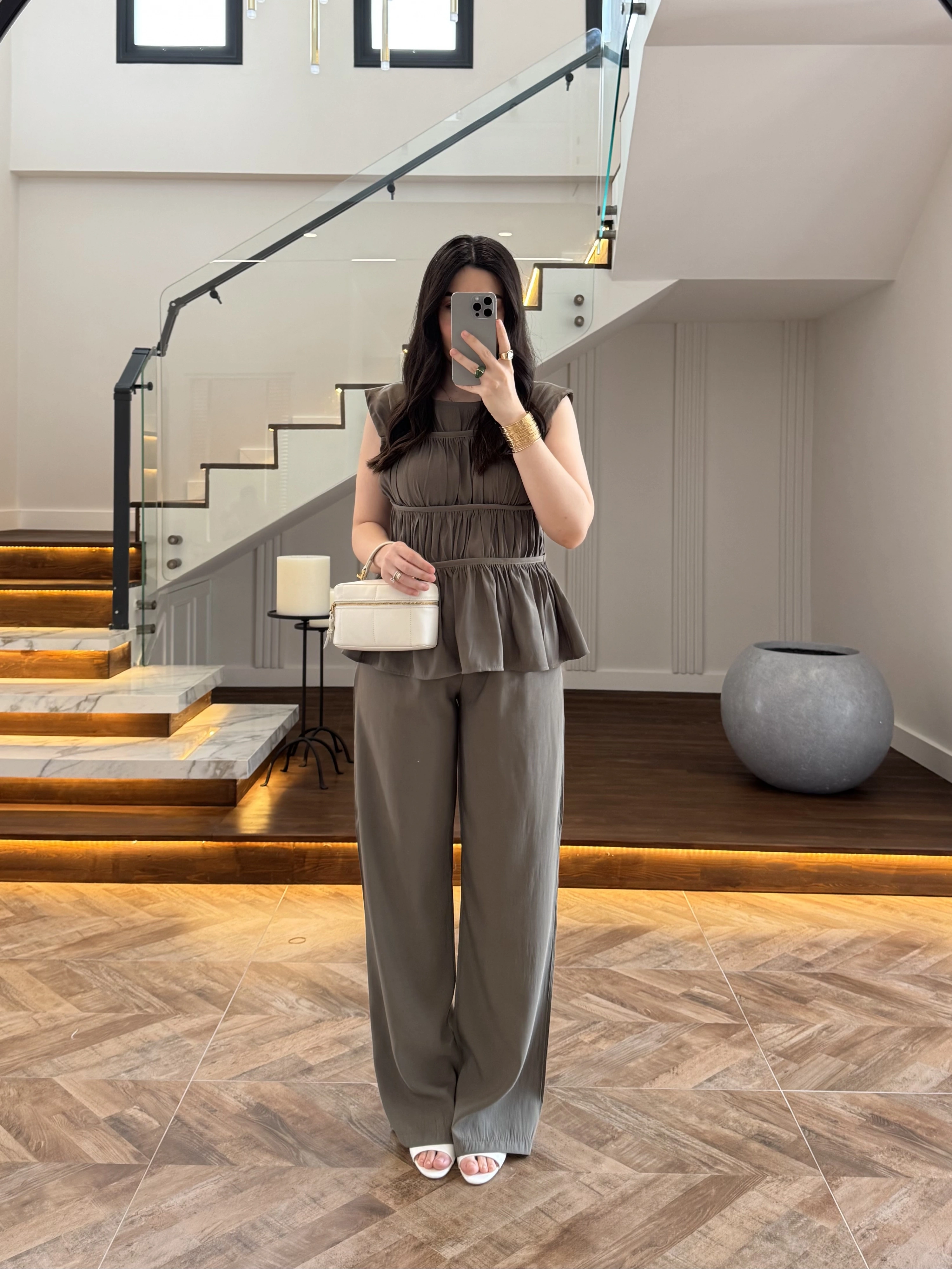 HAKİ TENSEL NEVÜRLÜ BLUZ PANTOLON TAKIM-250483