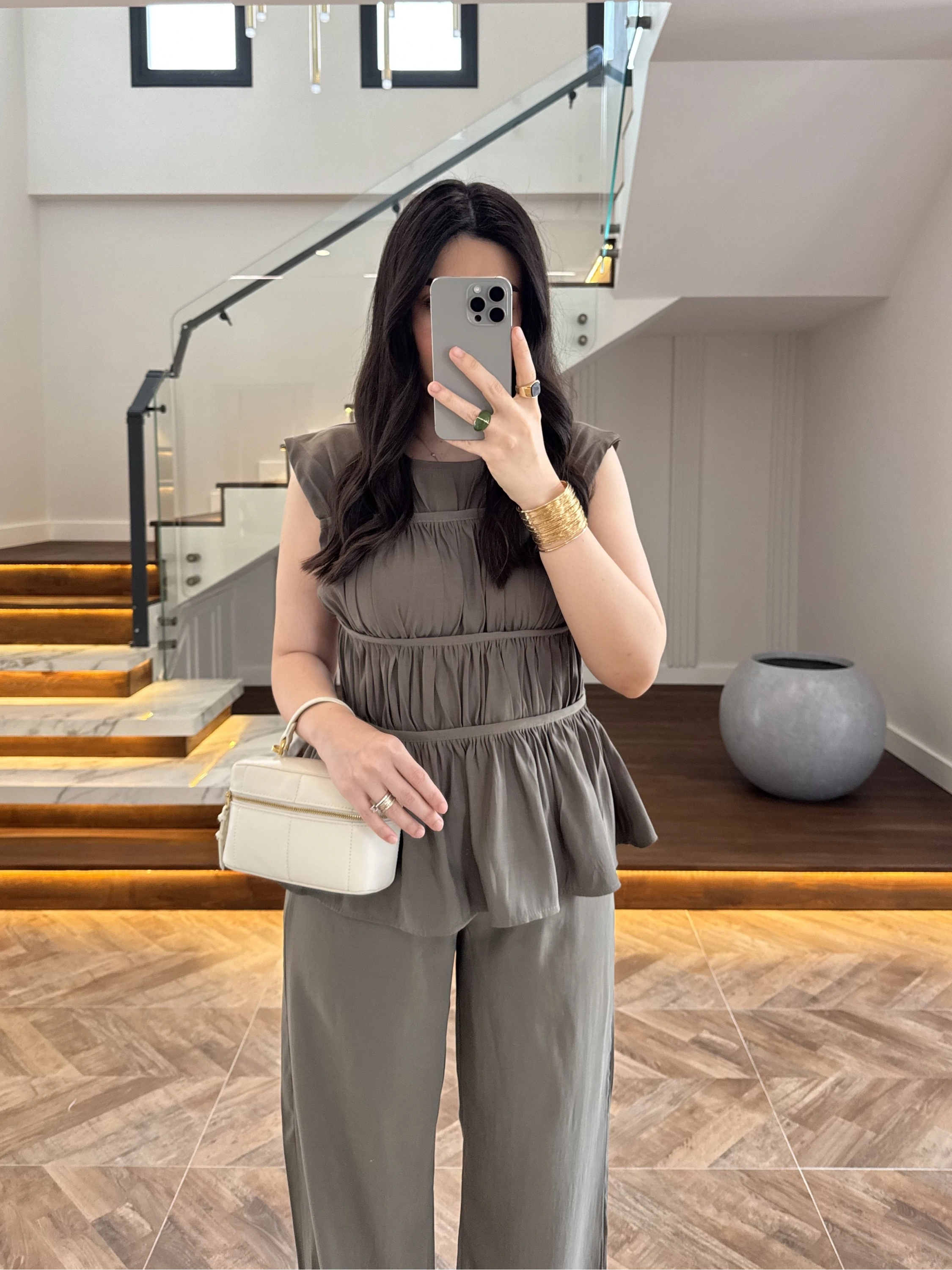 HAKİ TENSEL NEVÜRLÜ BLUZ PANTOLON TAKIM-250483