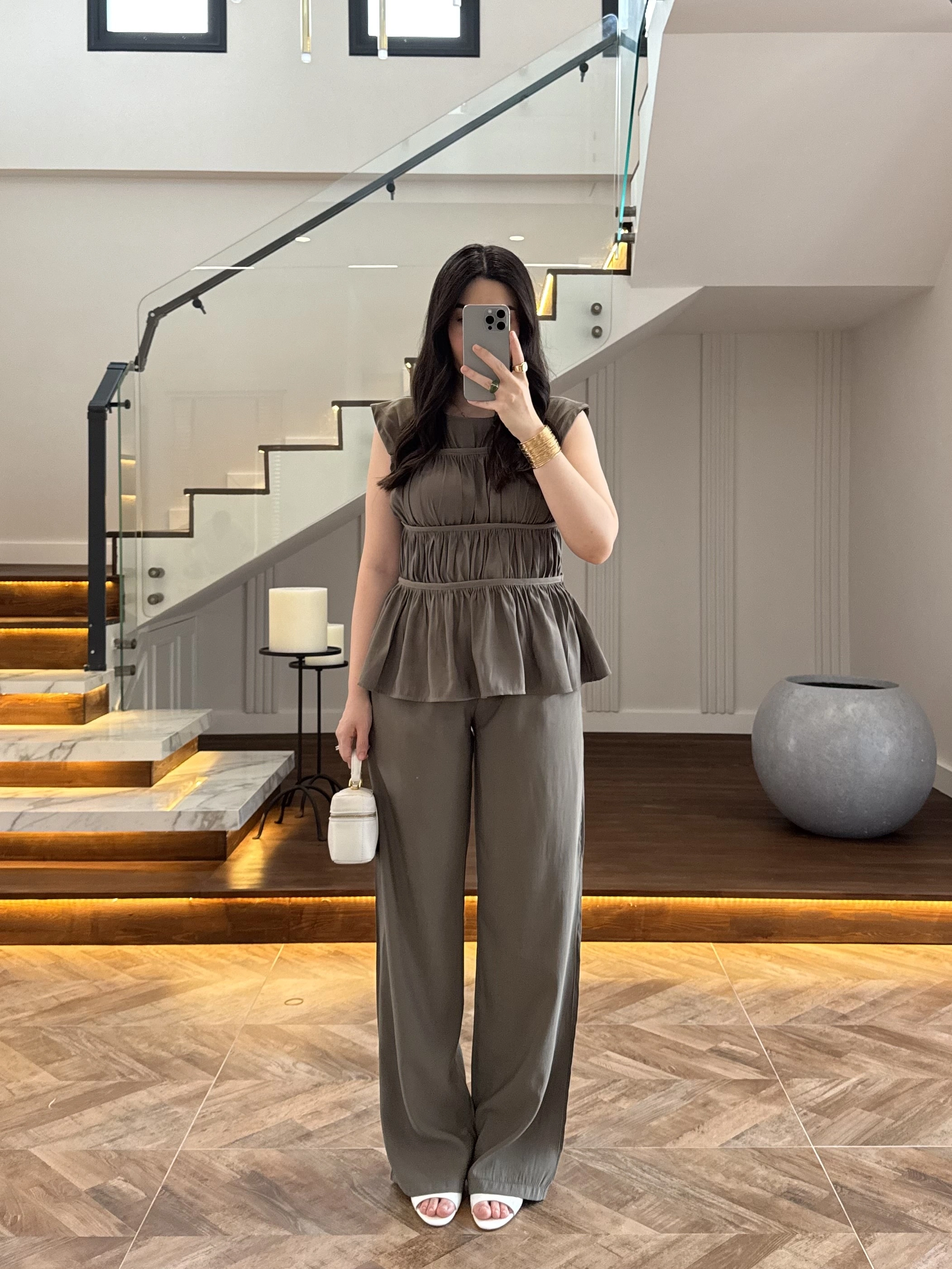 HAKİ TENSEL NEVÜRLÜ BLUZ PANTOLON TAKIM-250483