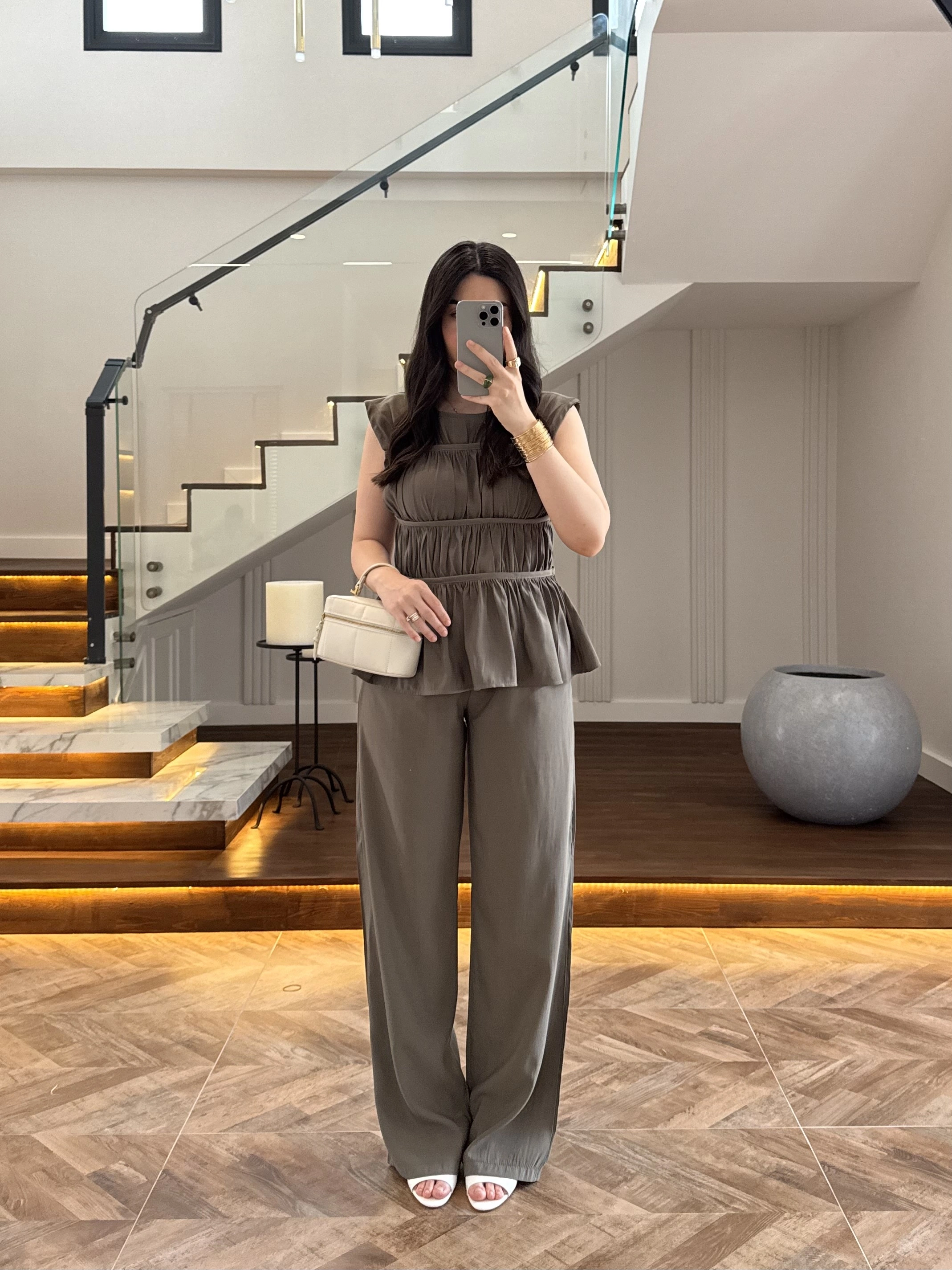 HAKİ TENSEL NEVÜRLÜ BLUZ PANTOLON TAKIM-250483