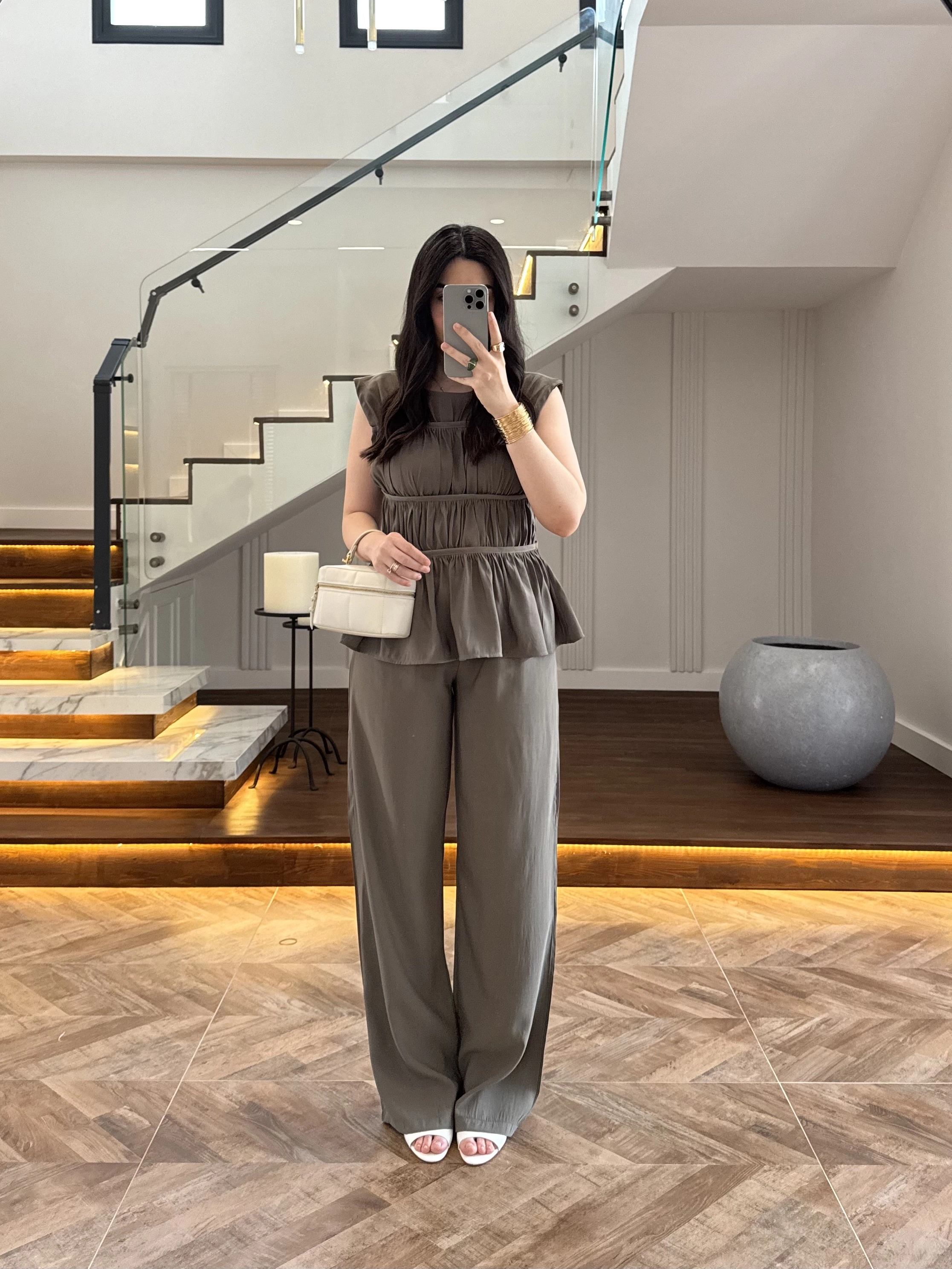 HAKİ TENSEL NEVÜRLÜ BLUZ PANTOLON TAKIM-250483