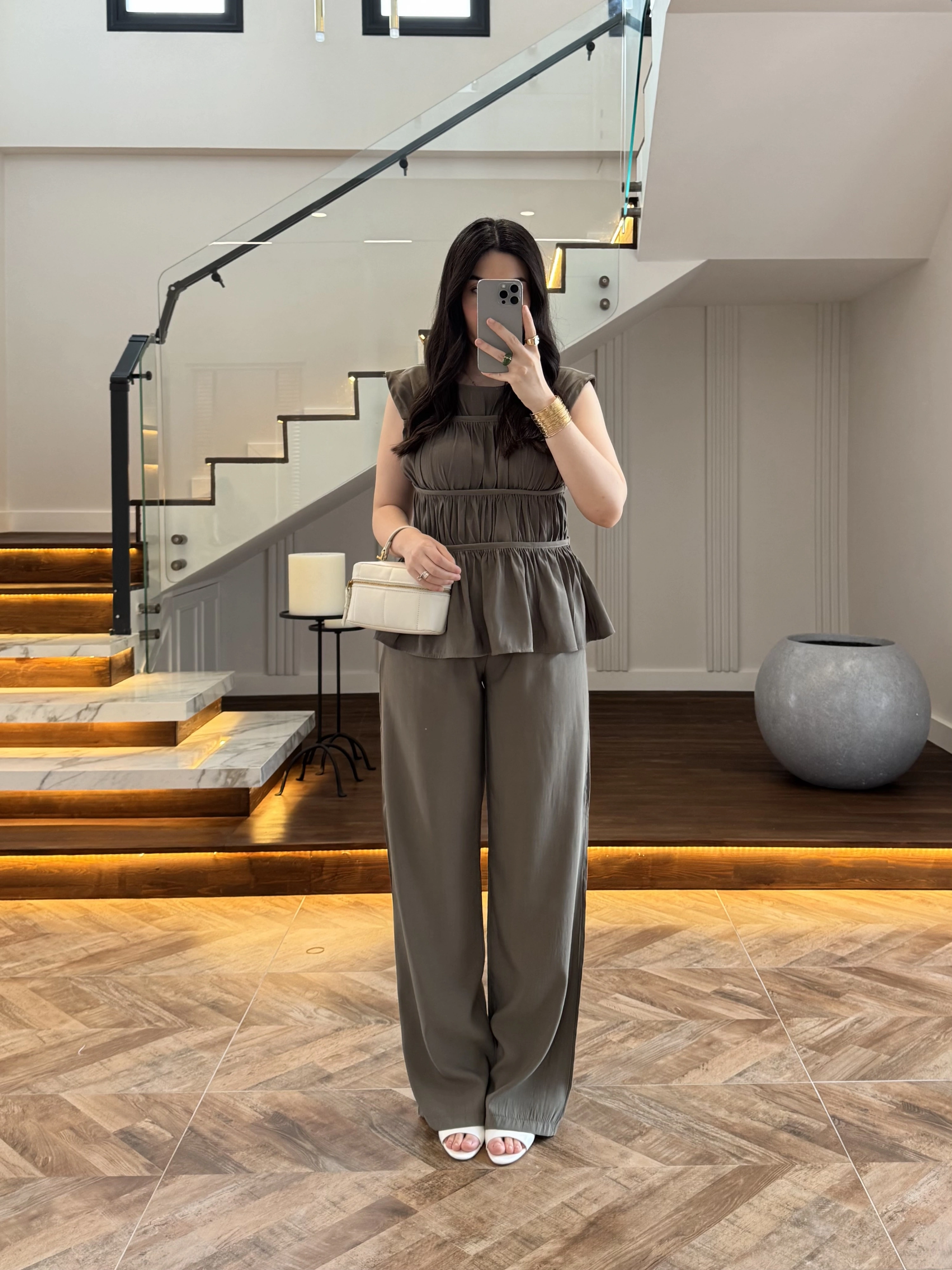 HAKİ TENSEL NEVÜRLÜ BLUZ PANTOLON TAKIM-250483
