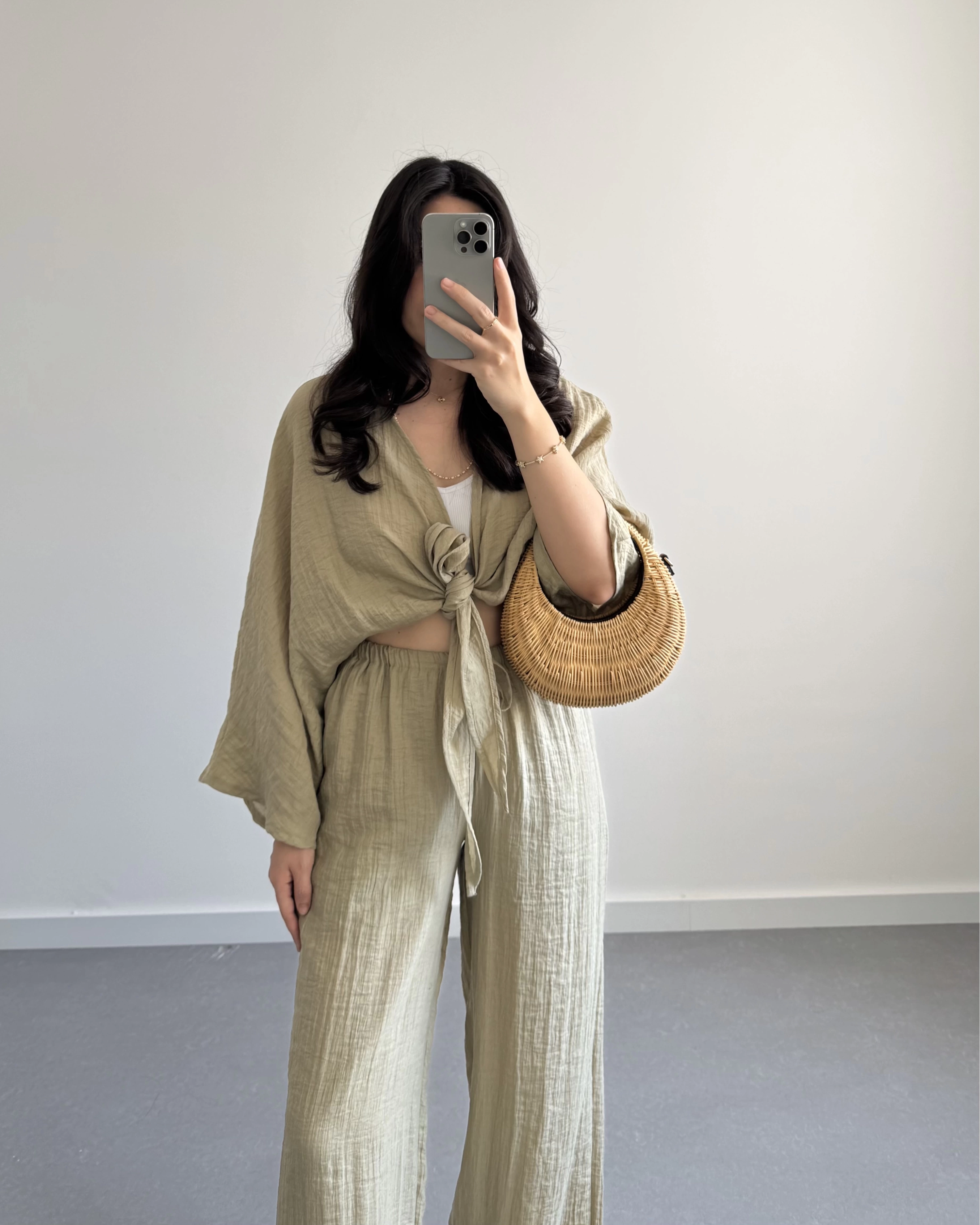 HAKİ VİSKON CROP KİMONO TAKIM