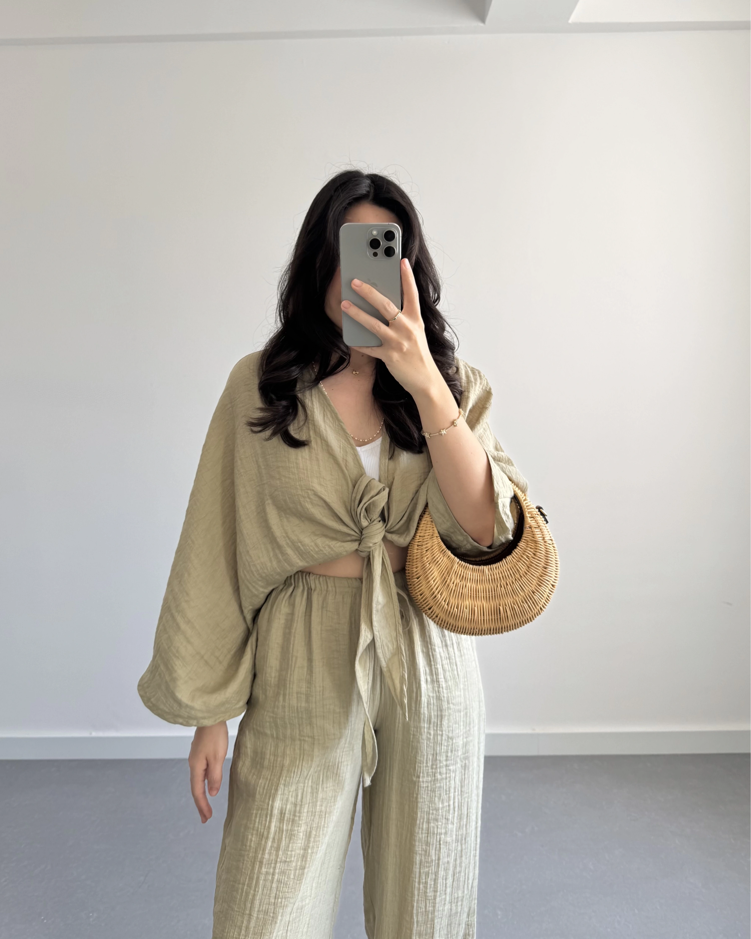 HAKİ VİSKON CROP KİMONO TAKIM