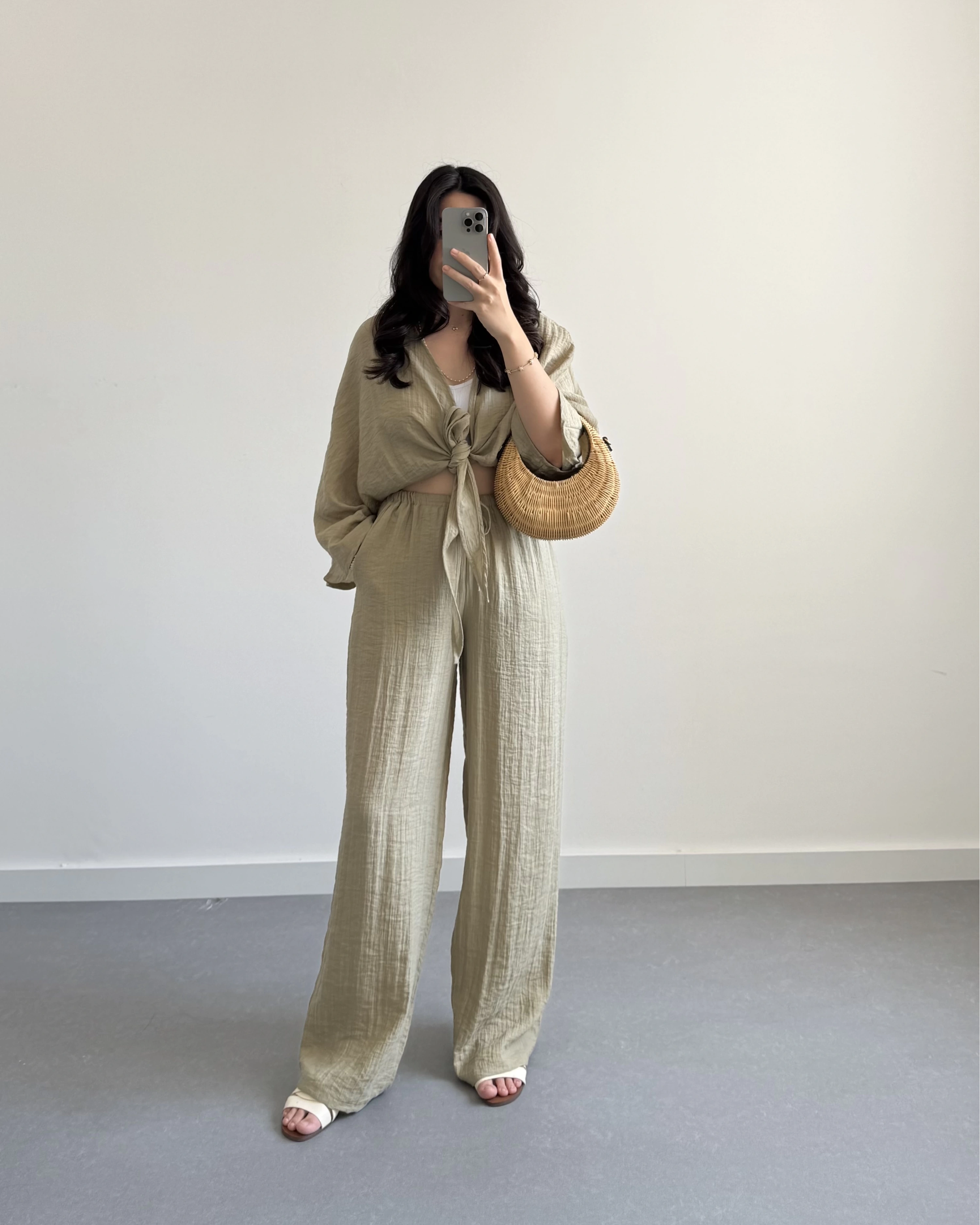 HAKİ VİSKON CROP KİMONO TAKIM
