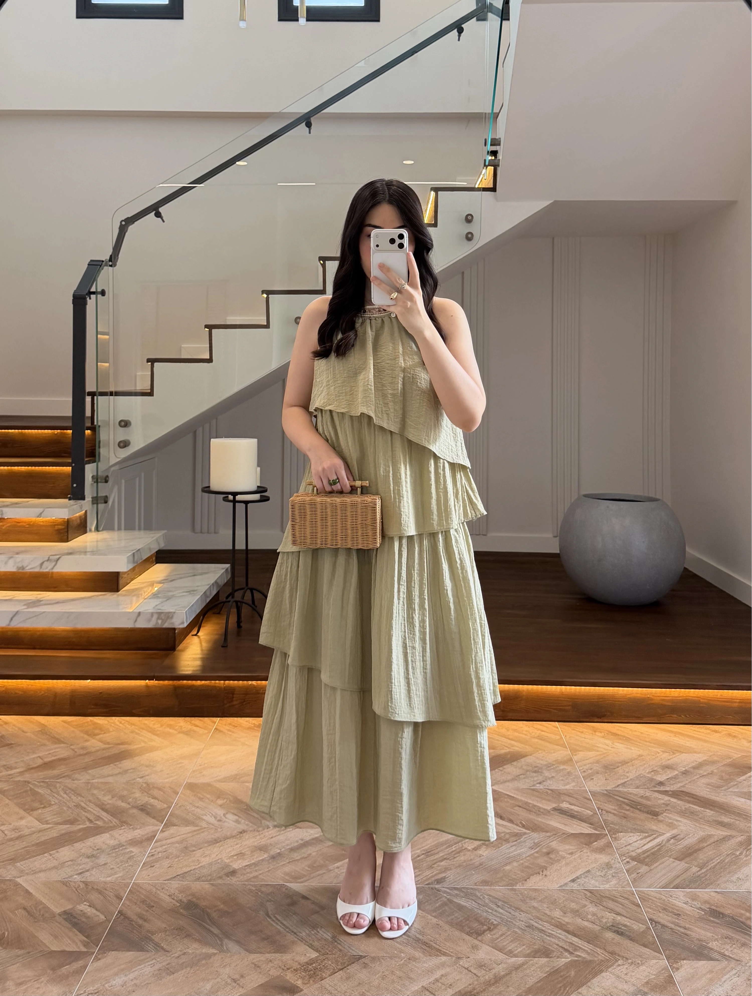 HAKİ YAKA İŞLEME DETAYLI ELBİSE-3454