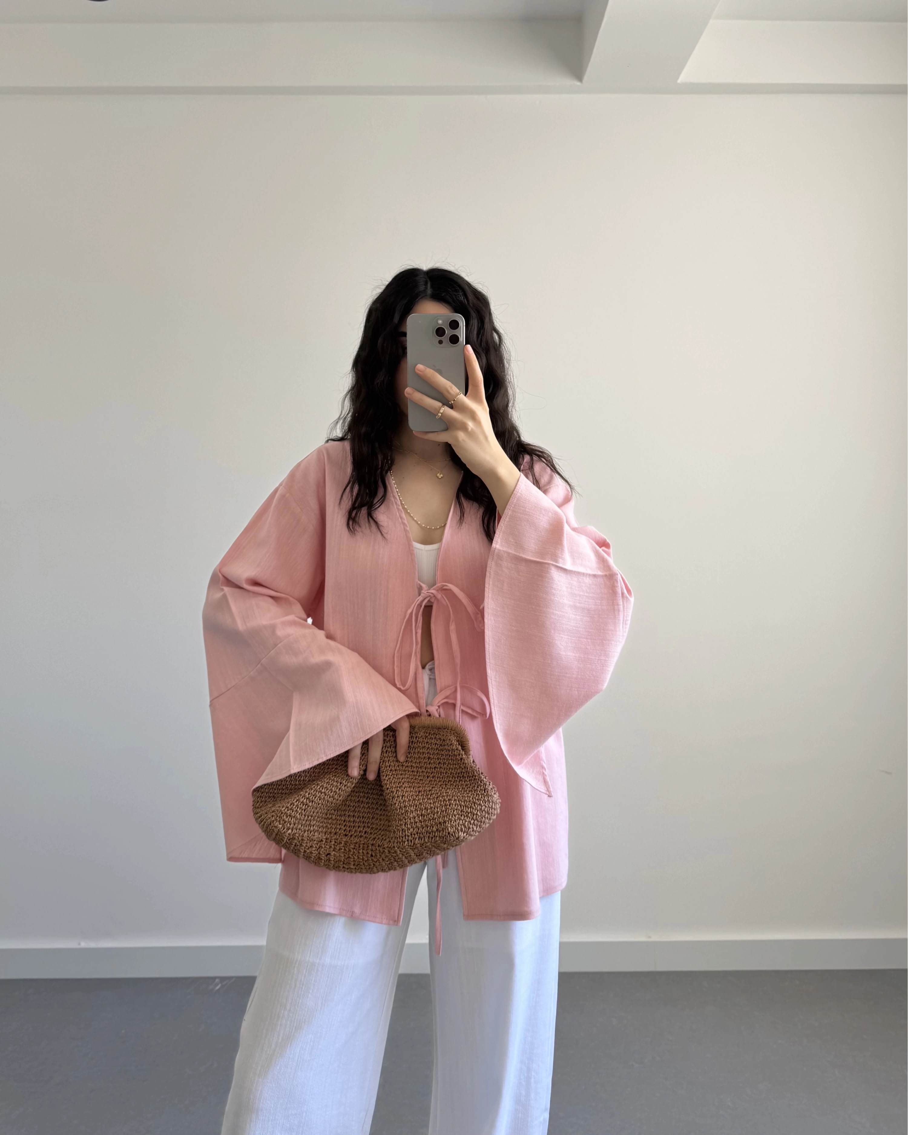 HAM KETEN PEMBE SALAŞ KİMONO