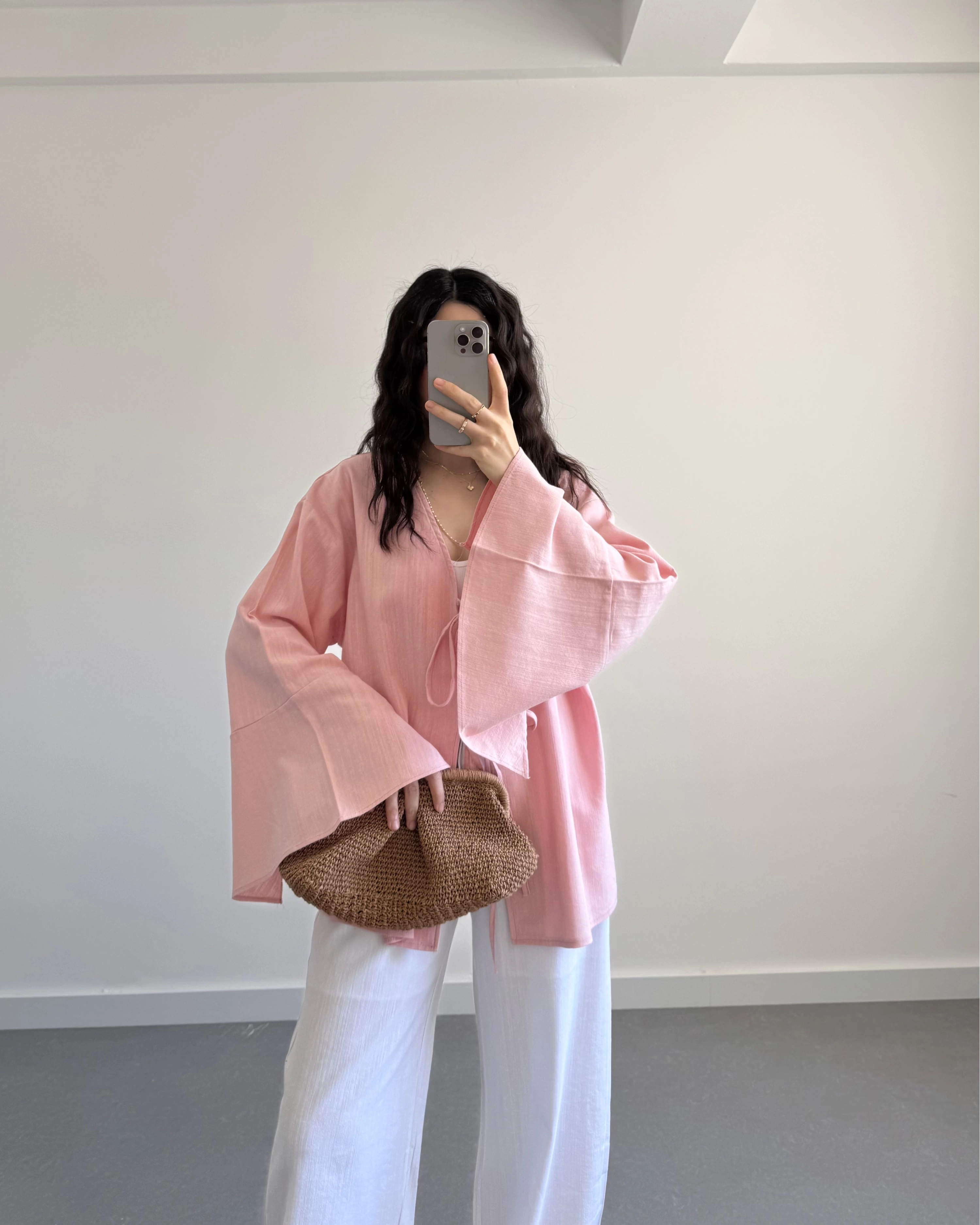 HAM KETEN PEMBE SALAŞ KİMONO