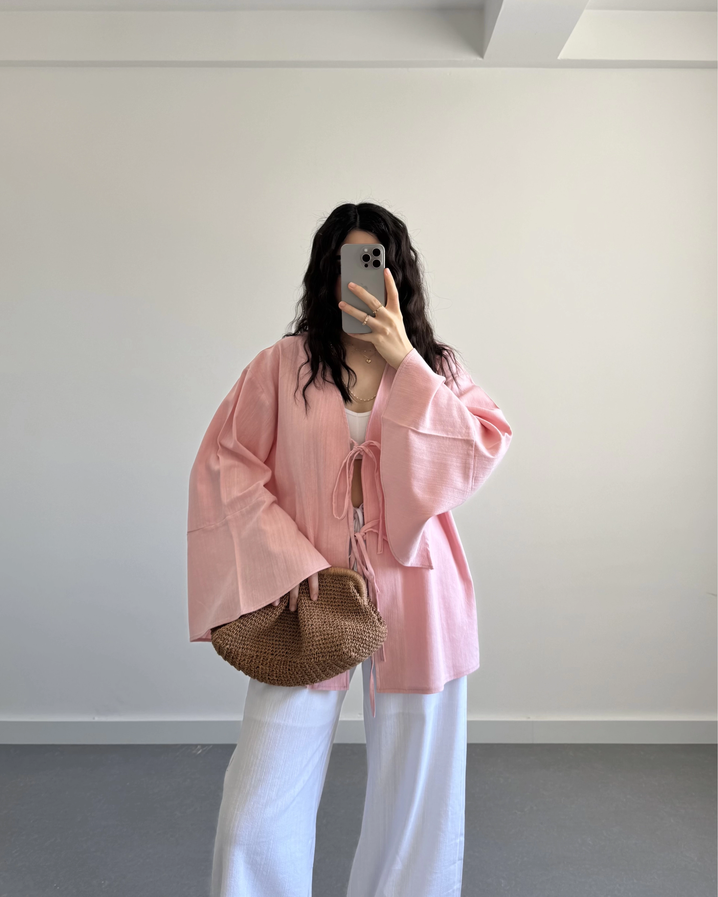 HAM KETEN PEMBE SALAŞ KİMONO