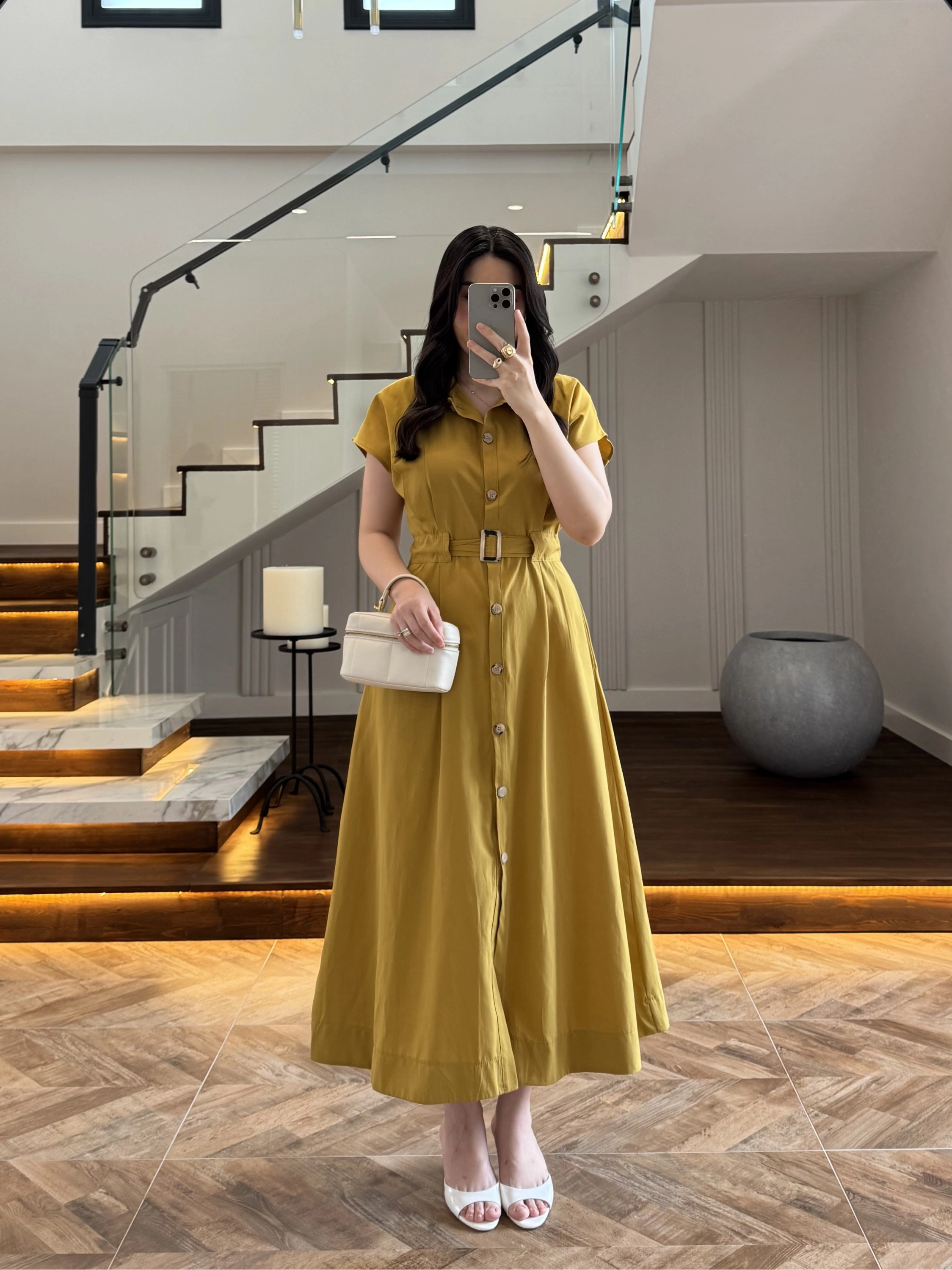 HARDAL ÖNÜ DÜĞMELİ KEMERLİ ELBİSE -3976