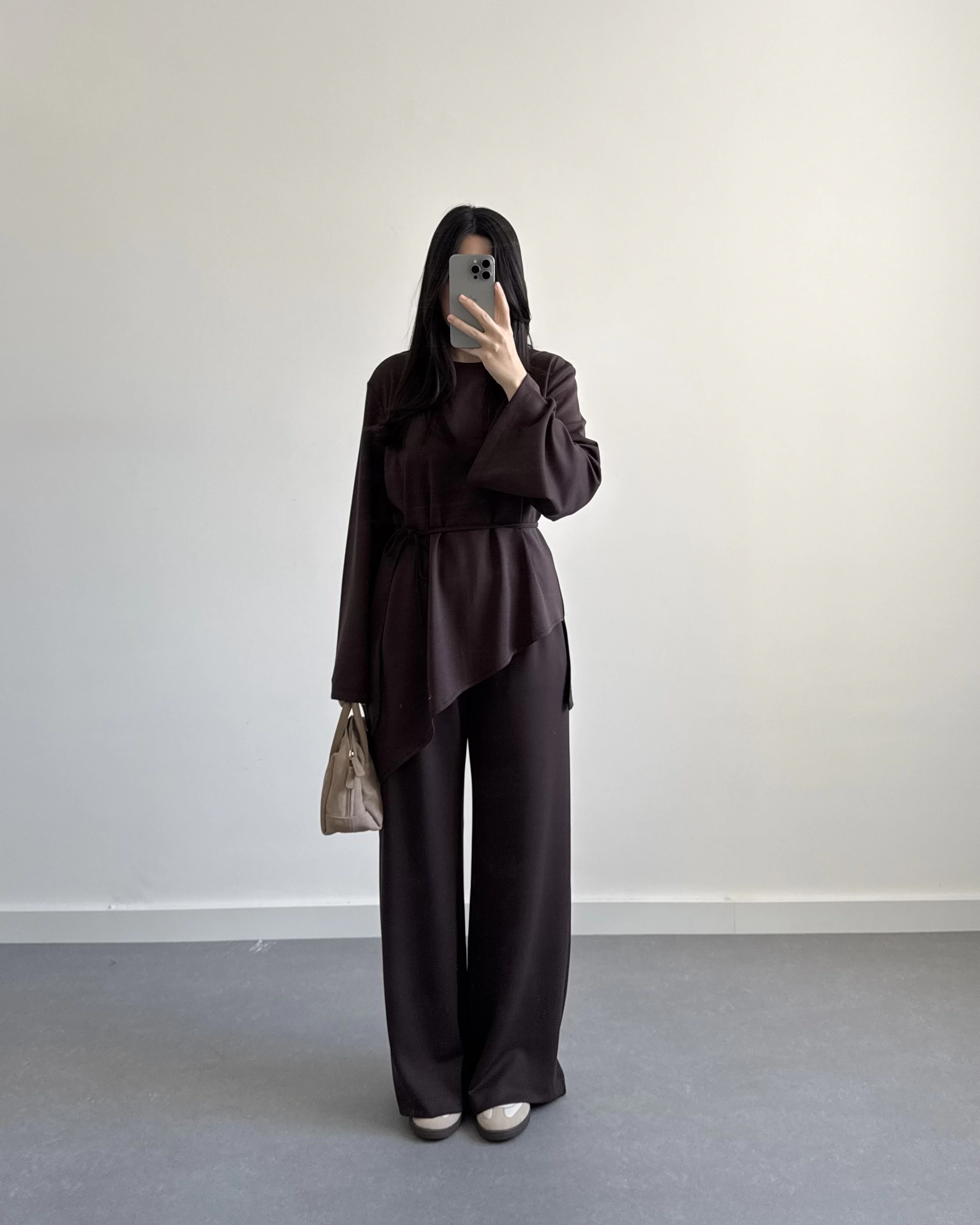 KAHVE ASİMETRİK KESİM UZUN KOL TAKIM