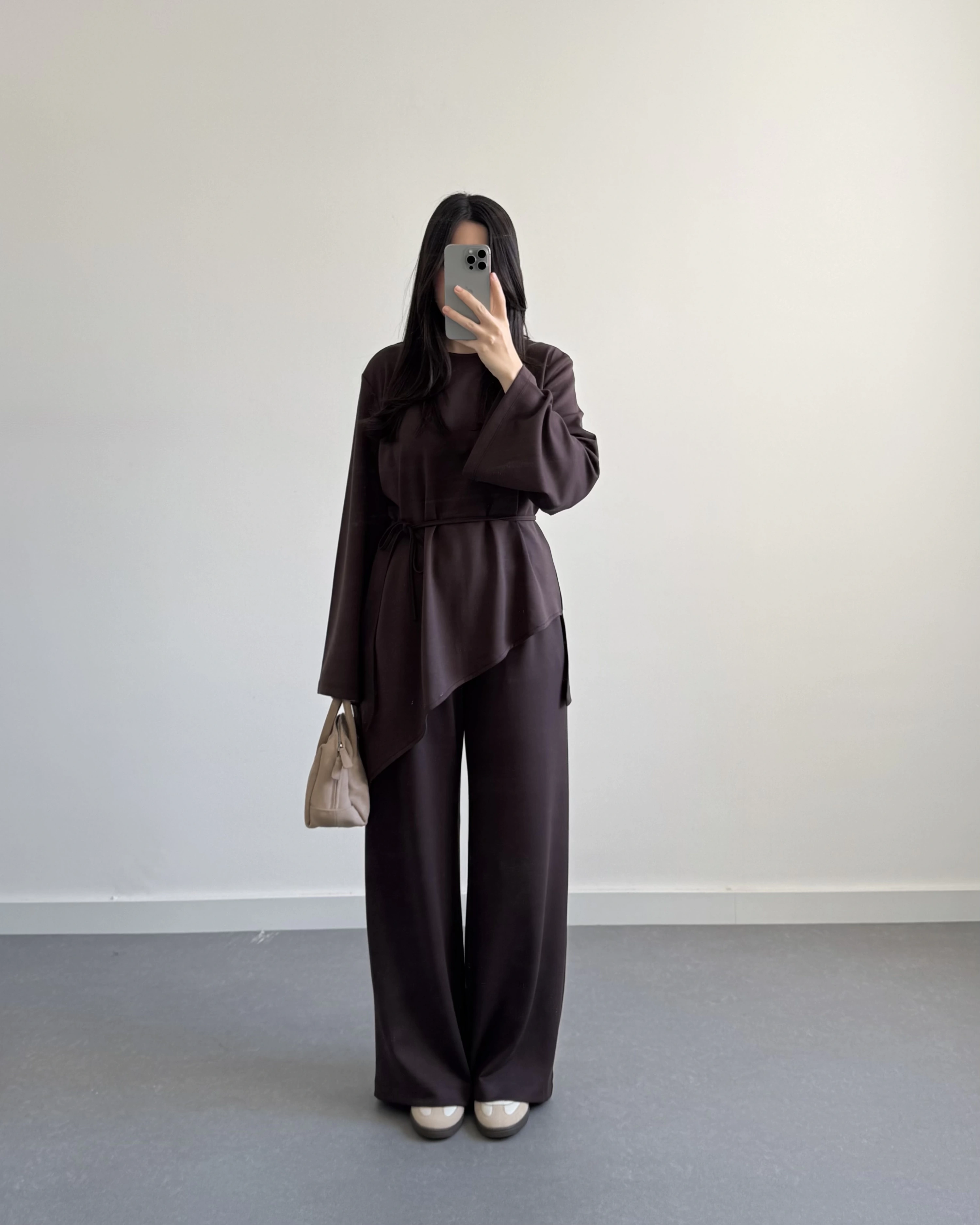 KAHVE ASİMETRİK KESİM UZUN KOL TAKIM