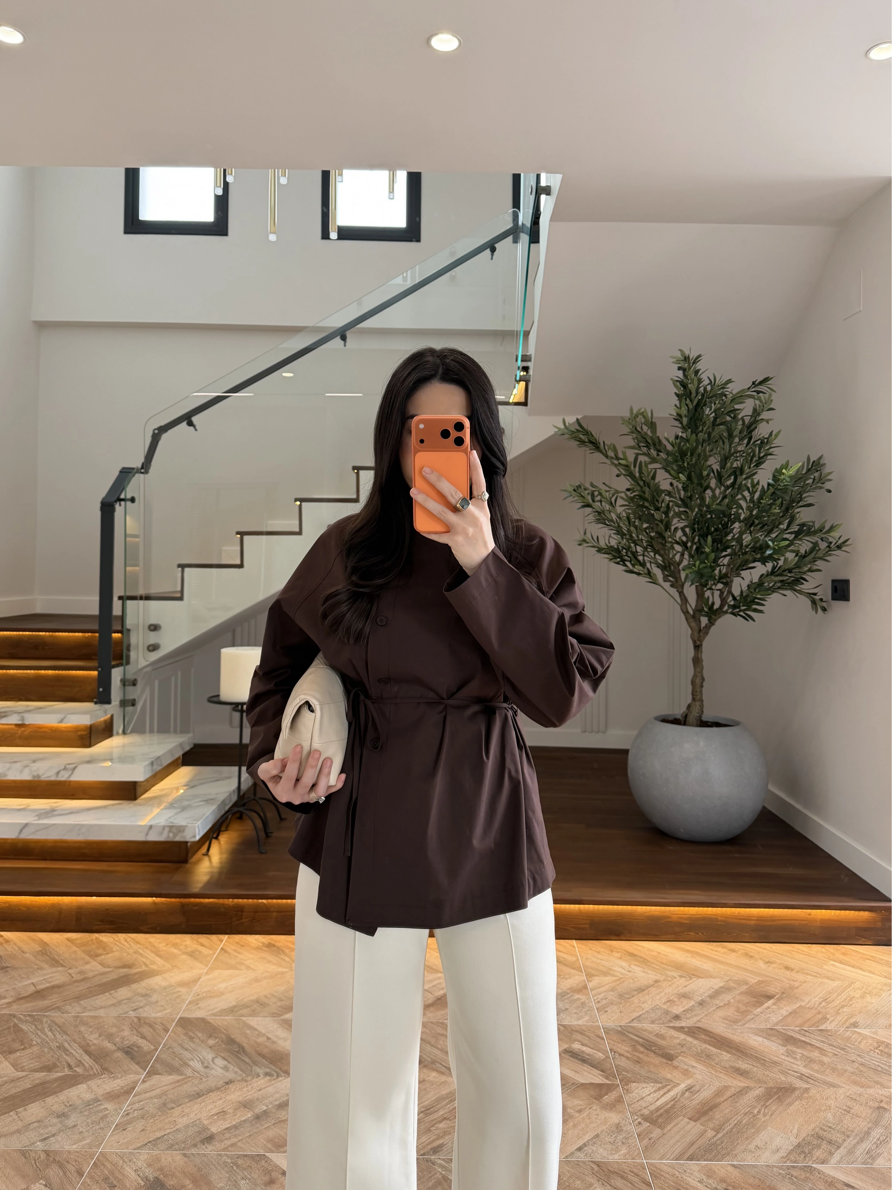 KAHVE BAĞCIKLI DİK YAKA GÖMLEK-5566