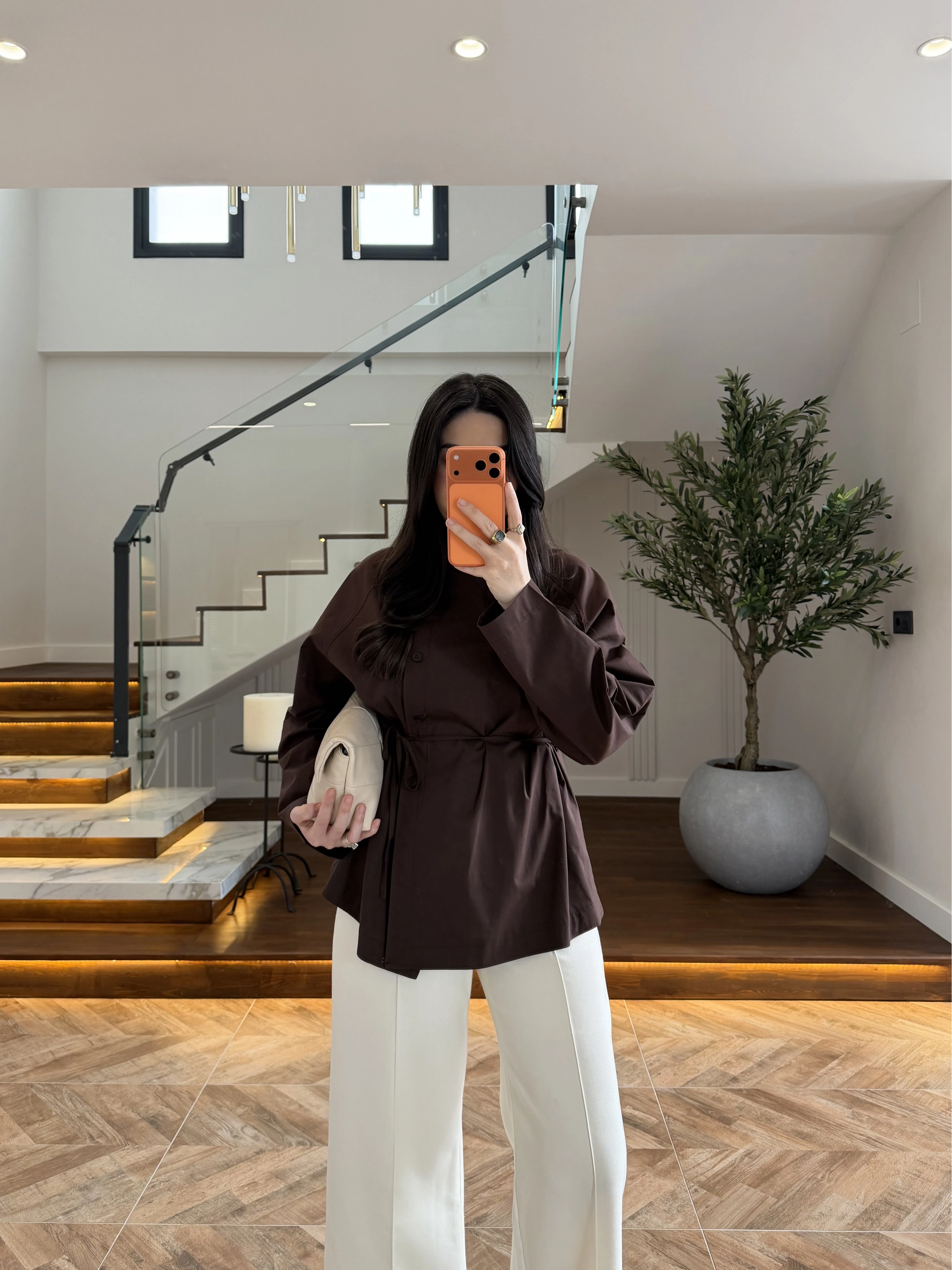 KAHVE BAĞCIKLI DİK YAKA GÖMLEK-5566