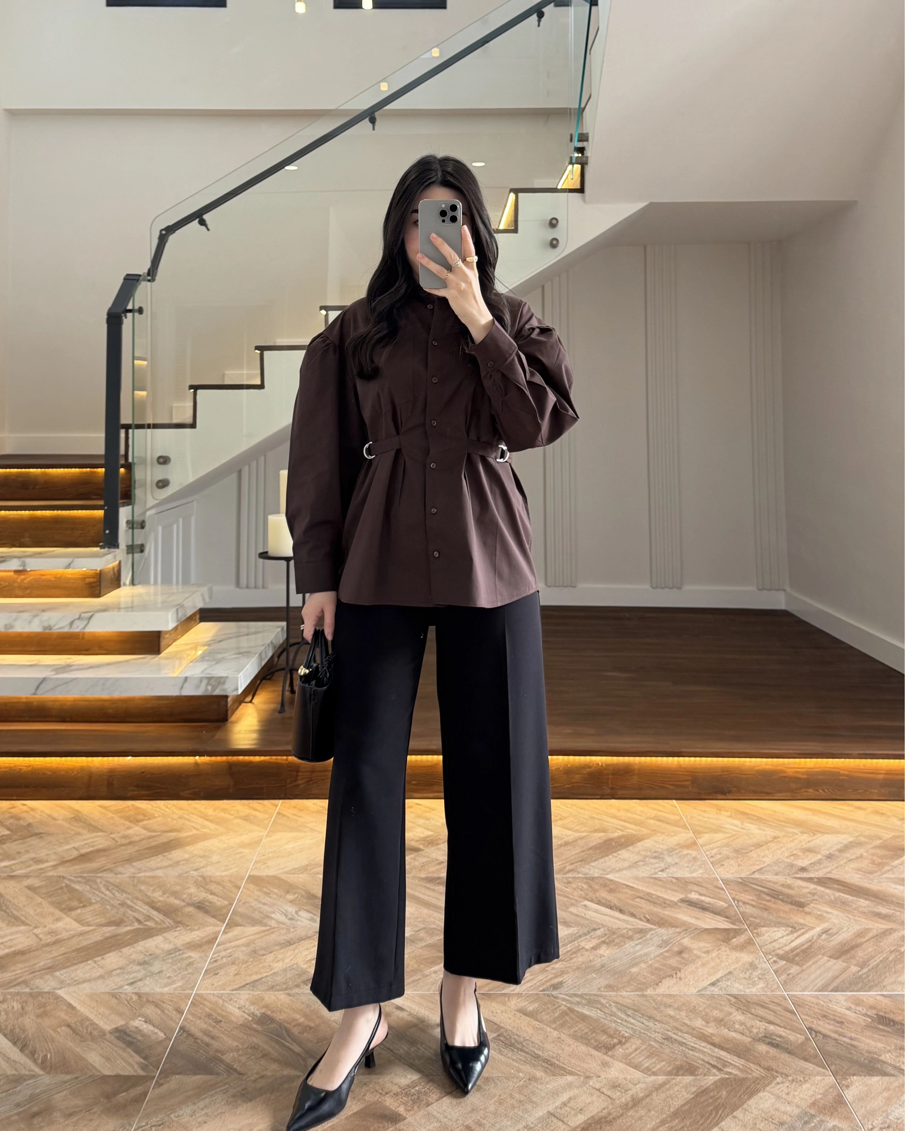 KAHVE BAĞLAMA DETAY POPLİN GÖMLEK -5441