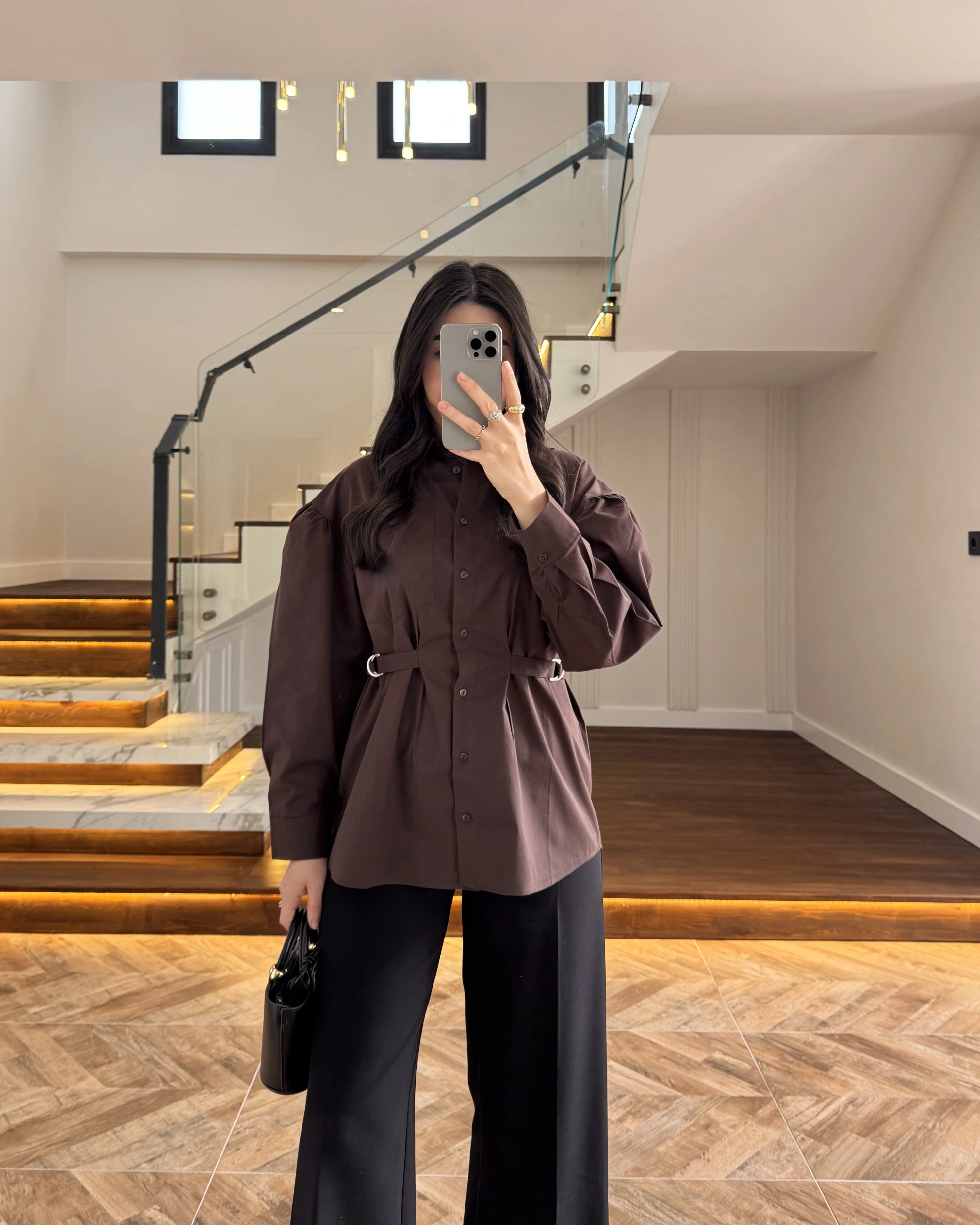 KAHVE BAĞLAMA DETAY POPLİN GÖMLEK -5441