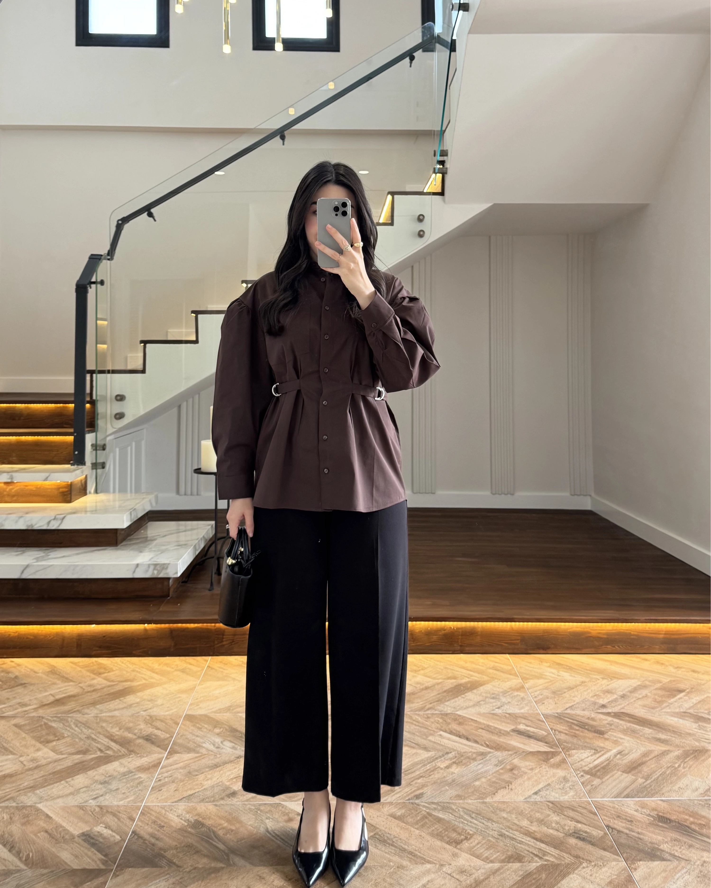 KAHVE BAĞLAMA DETAY POPLİN GÖMLEK -5441