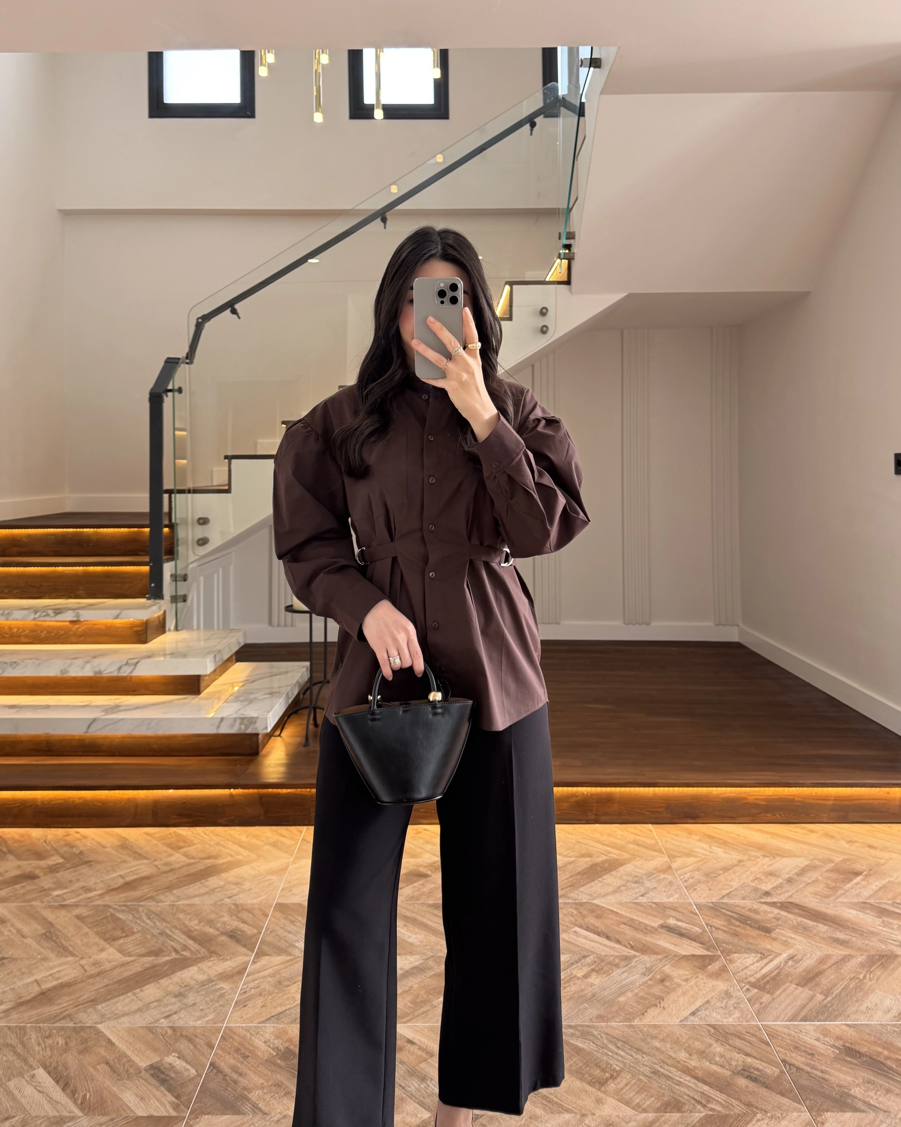 KAHVE BAĞLAMA DETAY POPLİN GÖMLEK -5441