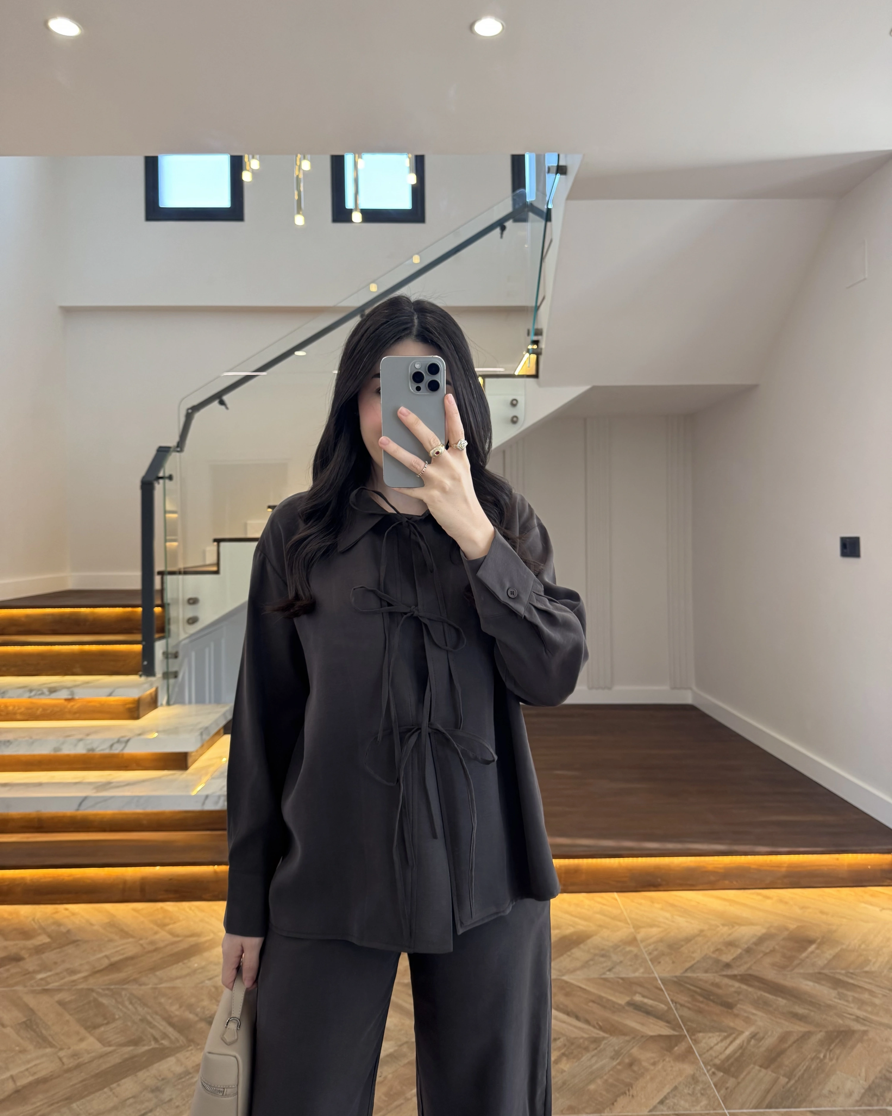 KAHVE BAĞLAMALI GÖMLEK TAKIM -8949