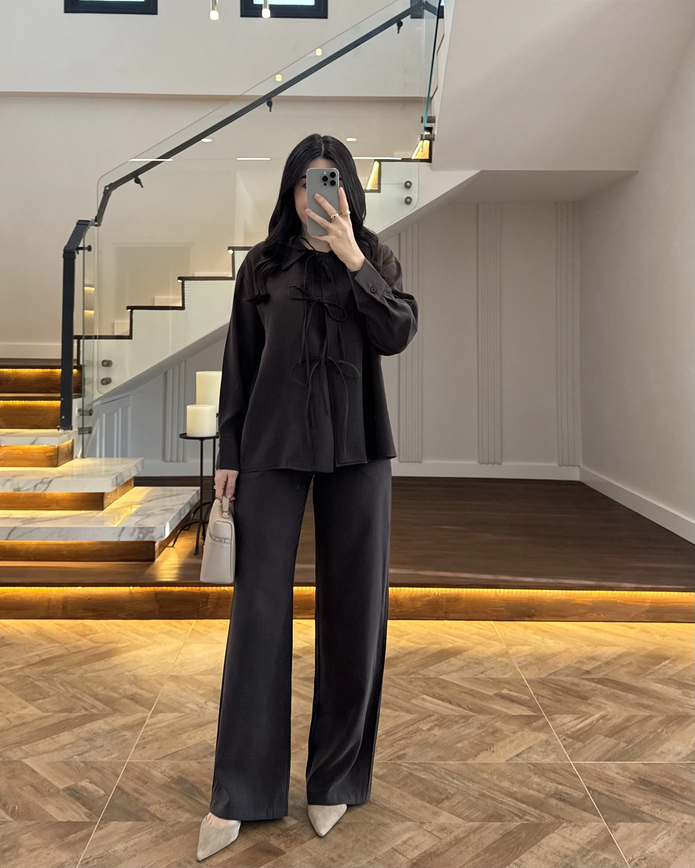 KAHVE BAĞLAMALI GÖMLEK TAKIM -8949