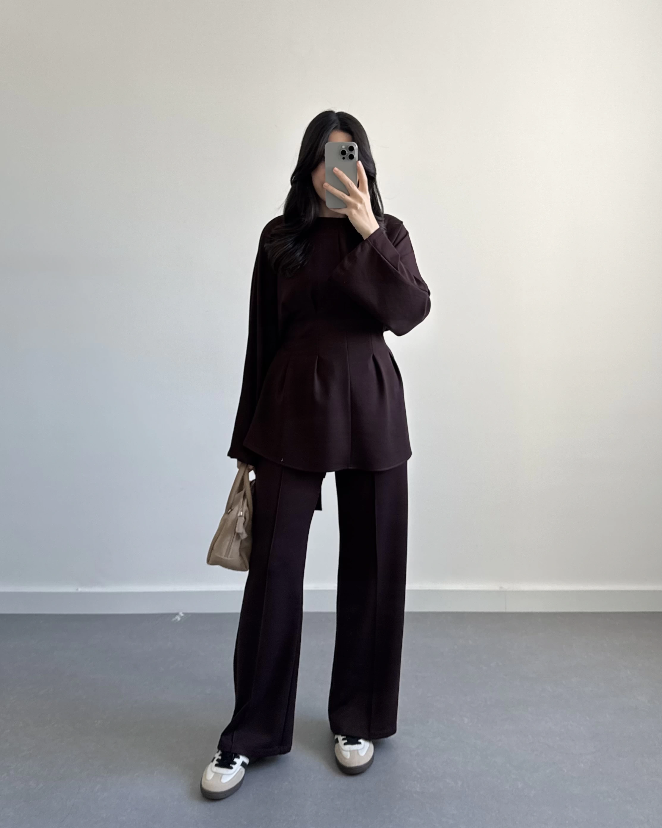 KAHVE BELİ KUŞAKLI PİLELİ MODAL TAKIM