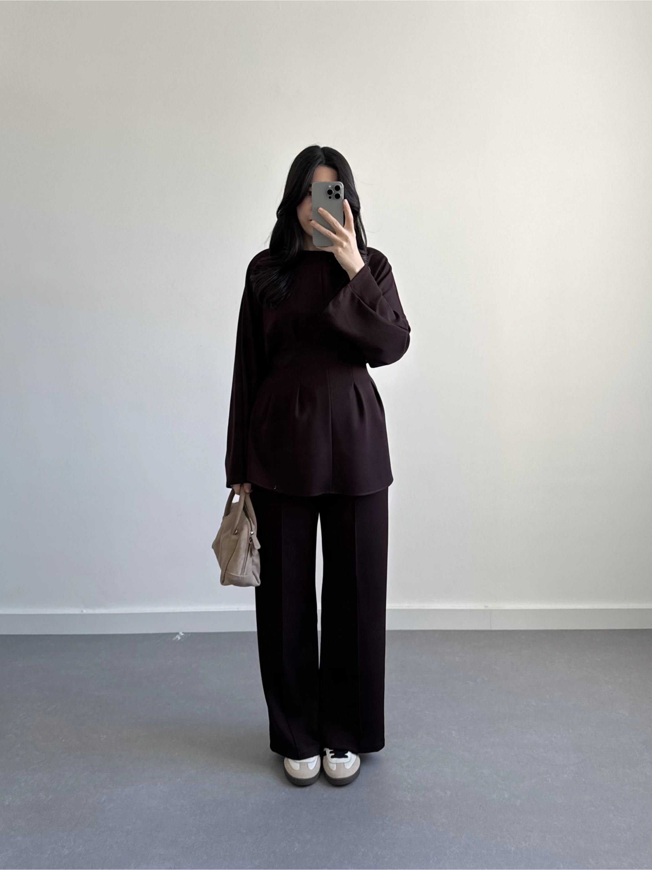 KAHVE BELİ KUŞAKLI PİLELİ MODAL TAKIM