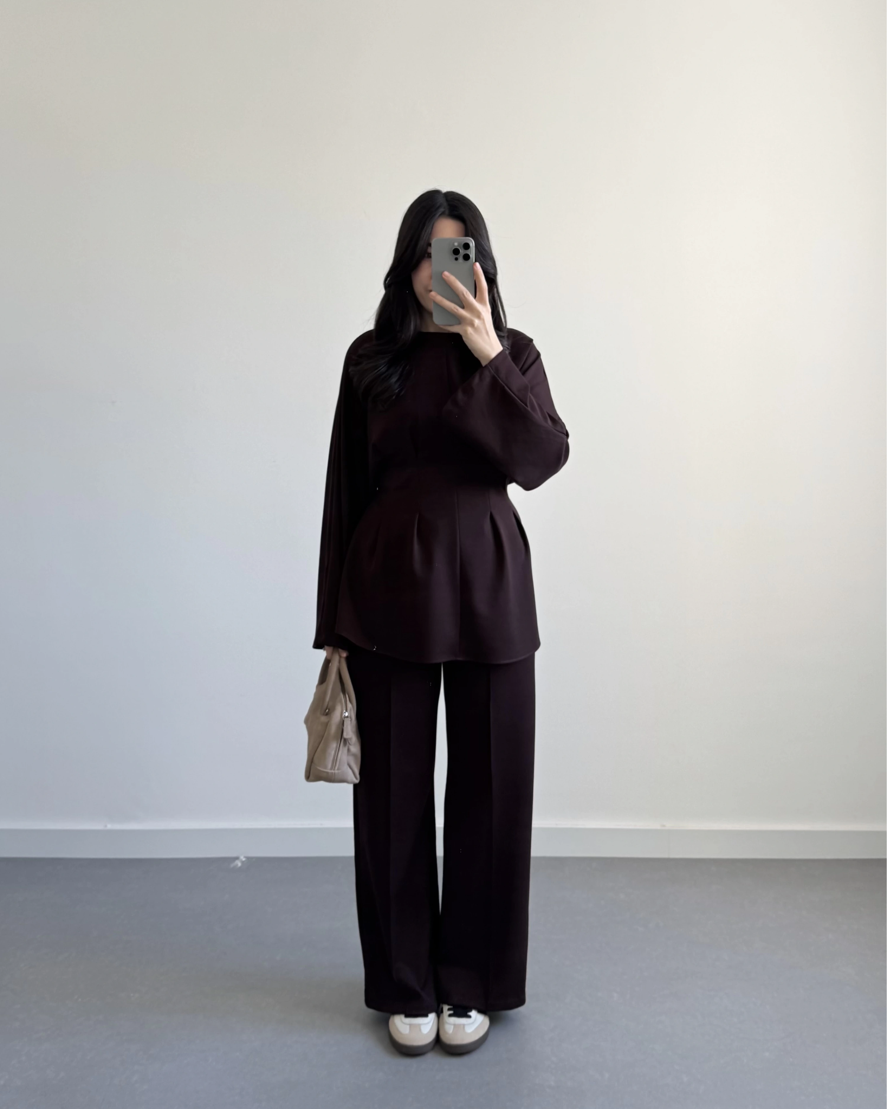 KAHVE BELİ KUŞAKLI PİLELİ MODAL TAKIM