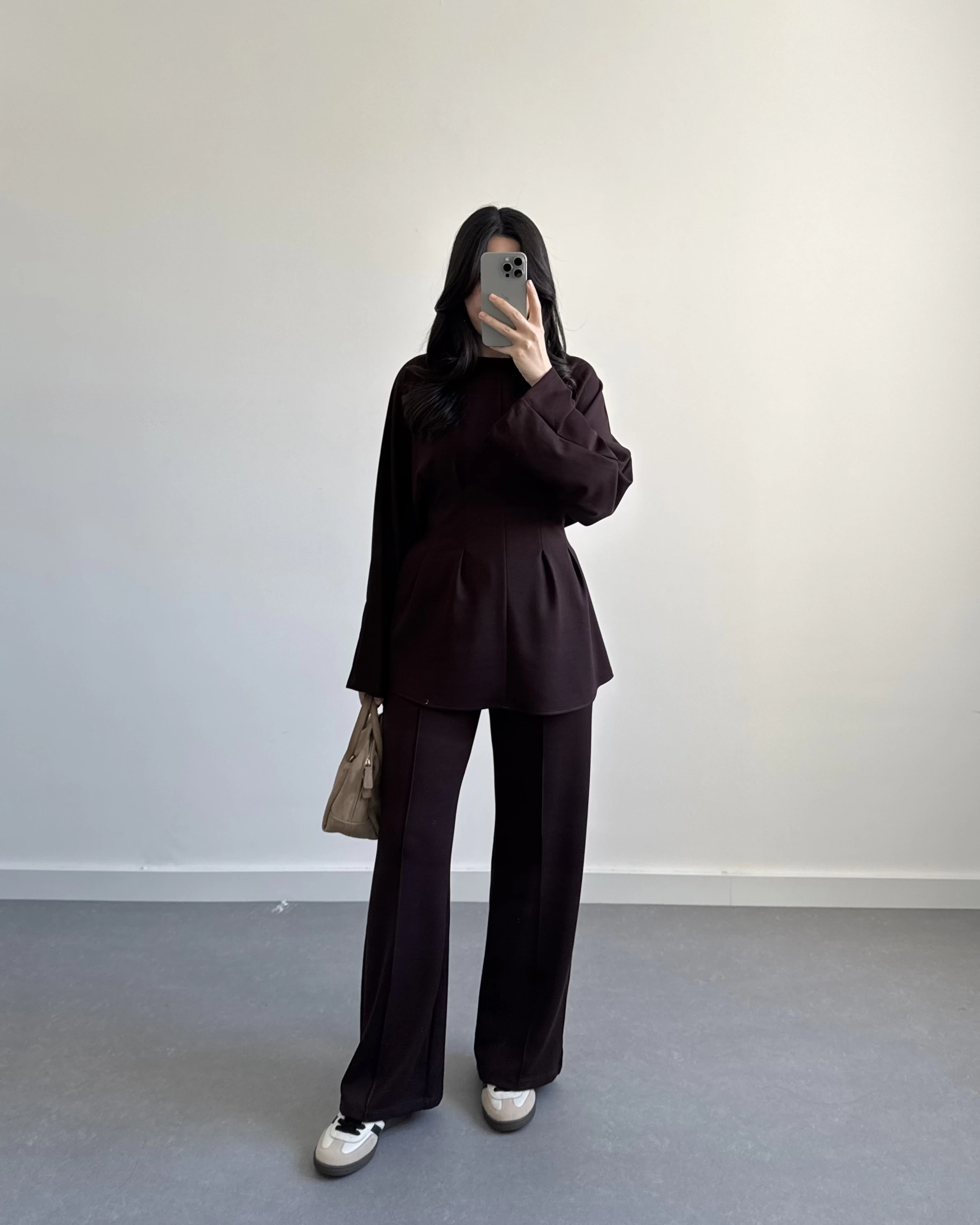 KAHVE BELİ KUŞAKLI PİLELİ MODAL TAKIM