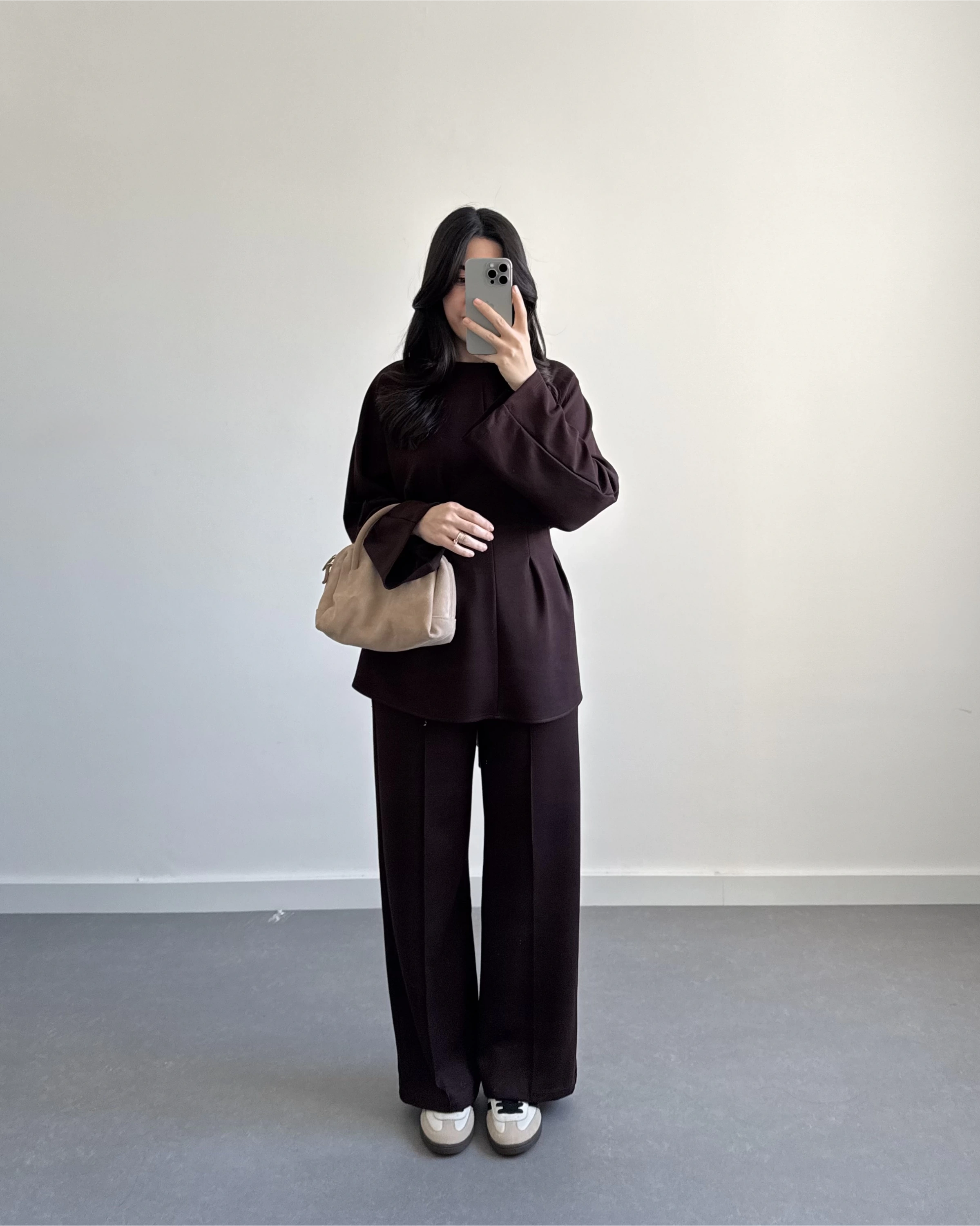 KAHVE BELİ KUŞAKLI PİLELİ MODAL TAKIM