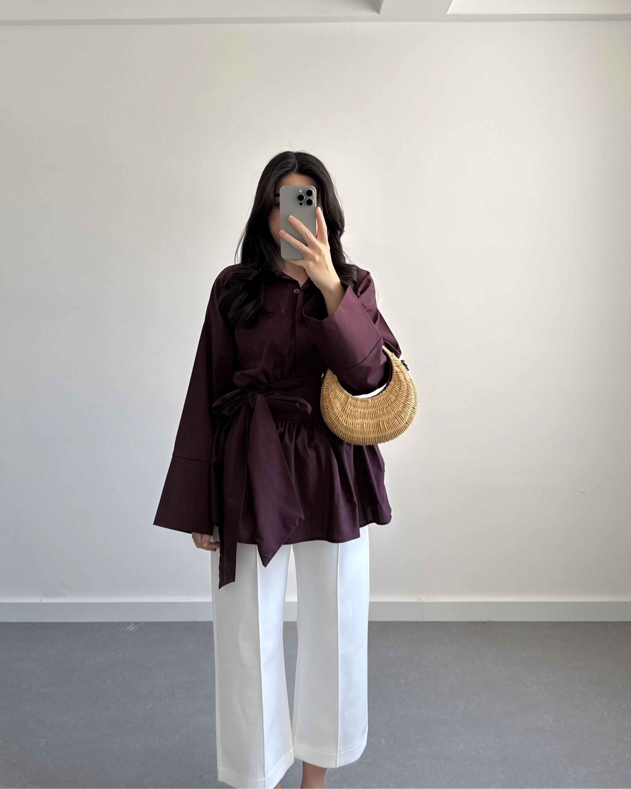 BORDO  BELİ KUŞAKLI POPLİN GÖMLEK