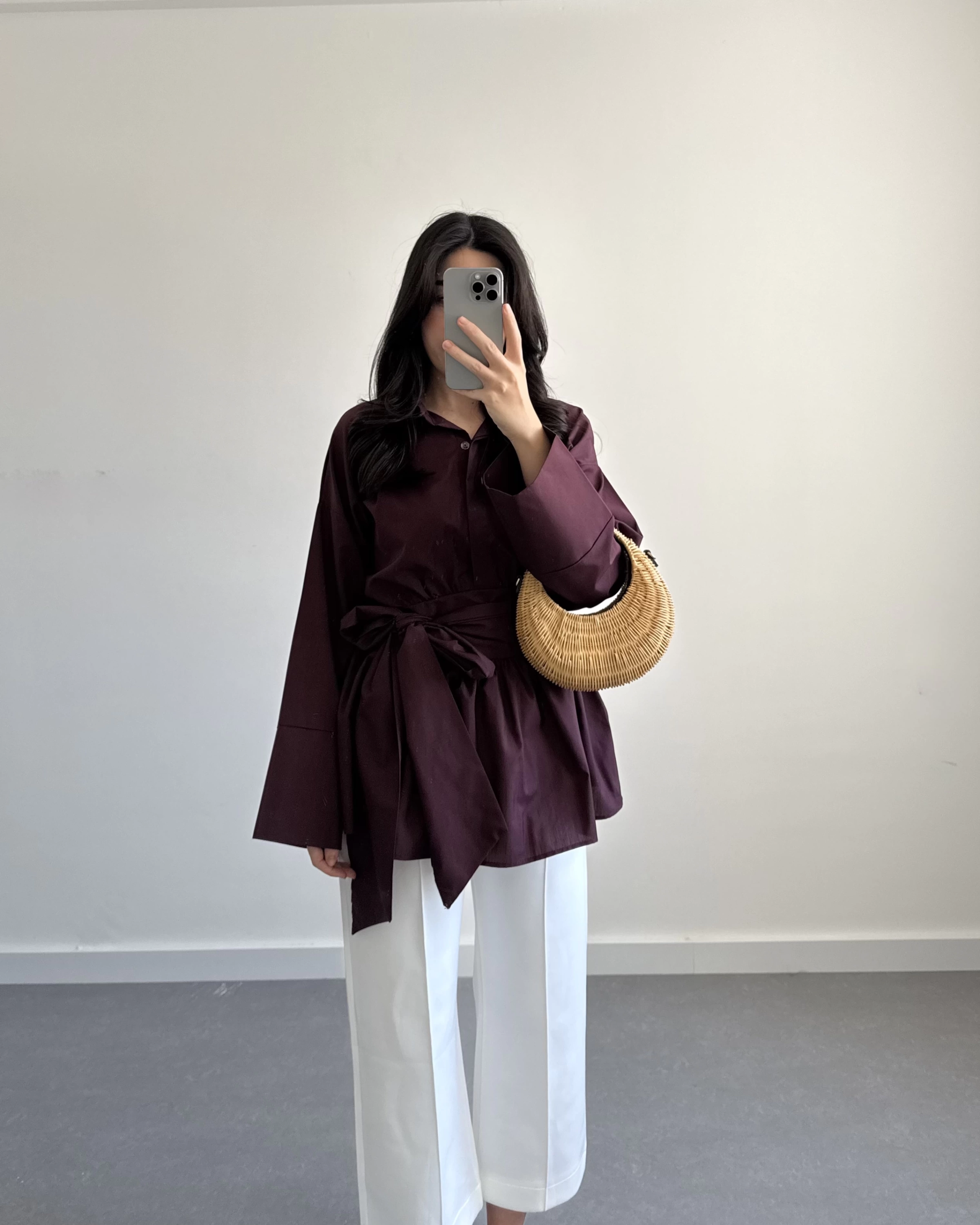 BORDO  BELİ KUŞAKLI POPLİN GÖMLEK