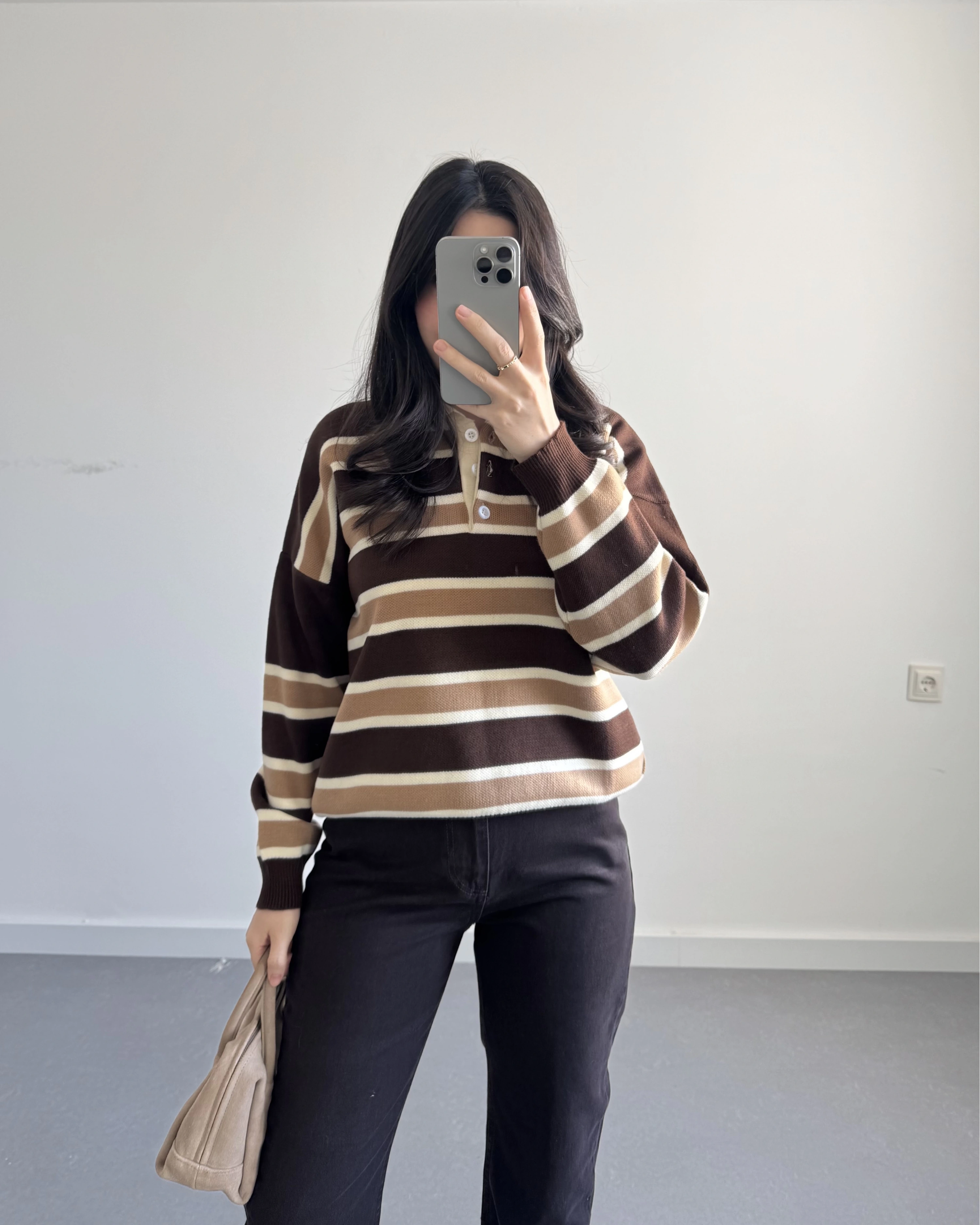 KAHVE ÇİZGİLİ KAZAK