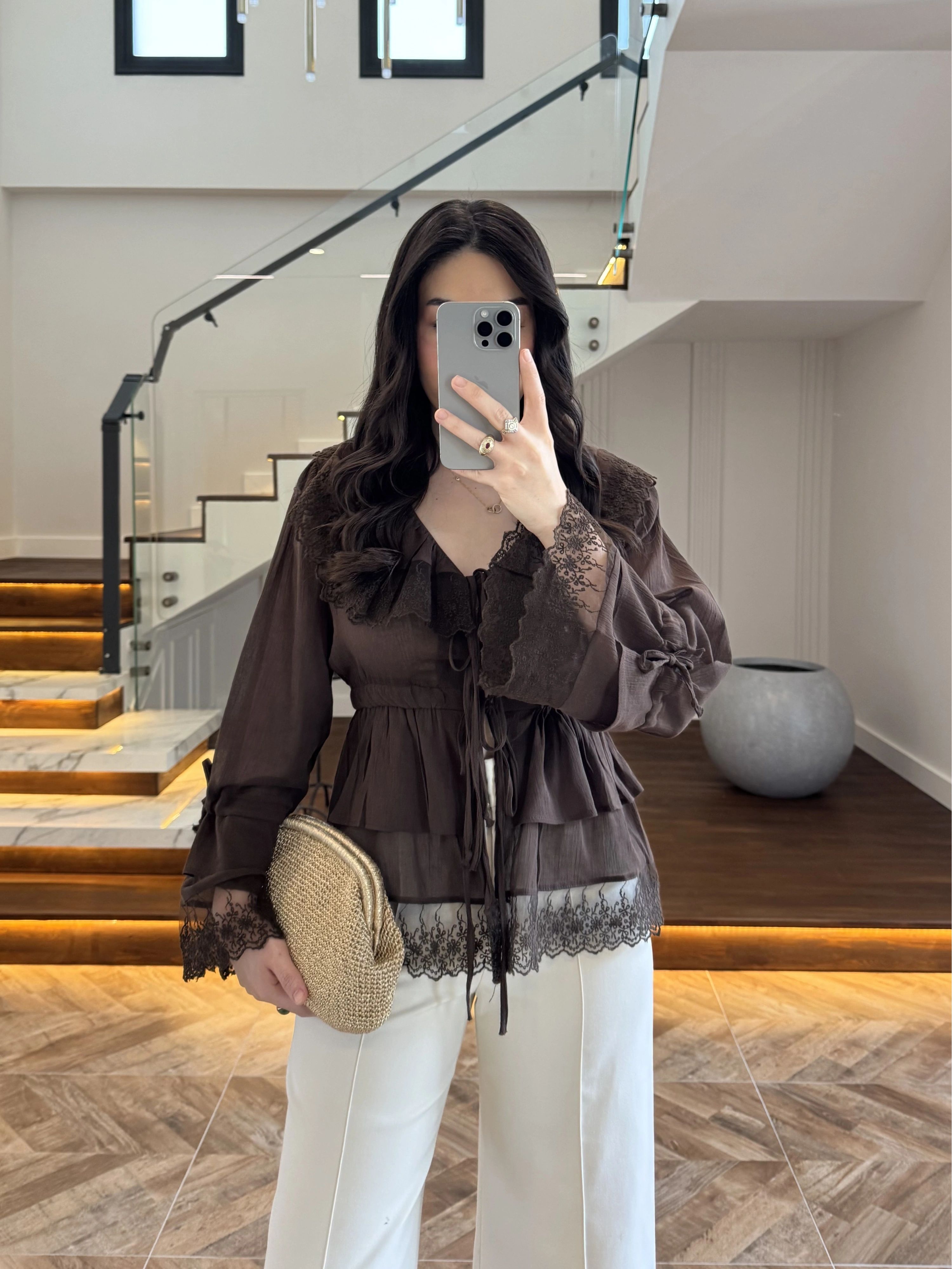 KAHVE DANTEL ŞERİT BLUZ - 5519
